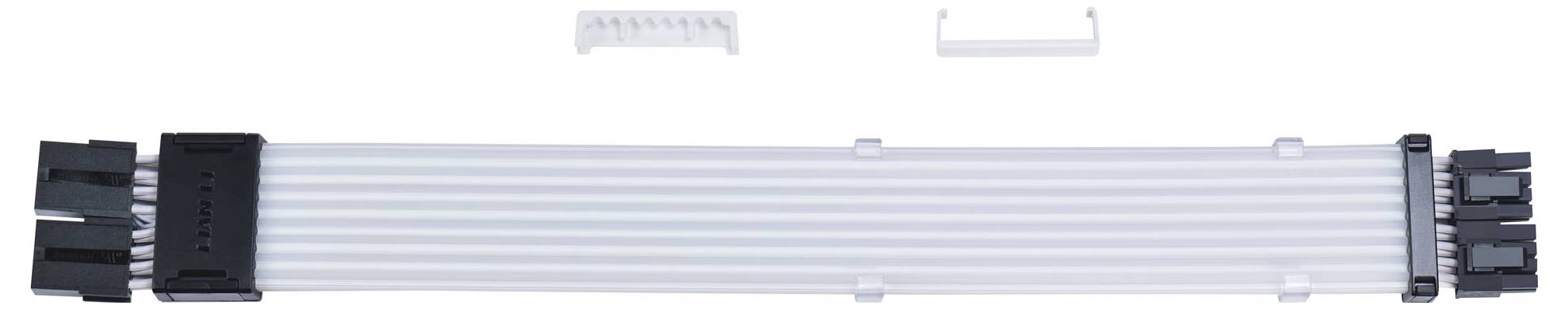 A white, flat cable with plugs at both ends and two additional connectors in the middle. Suitable for electronic connections.