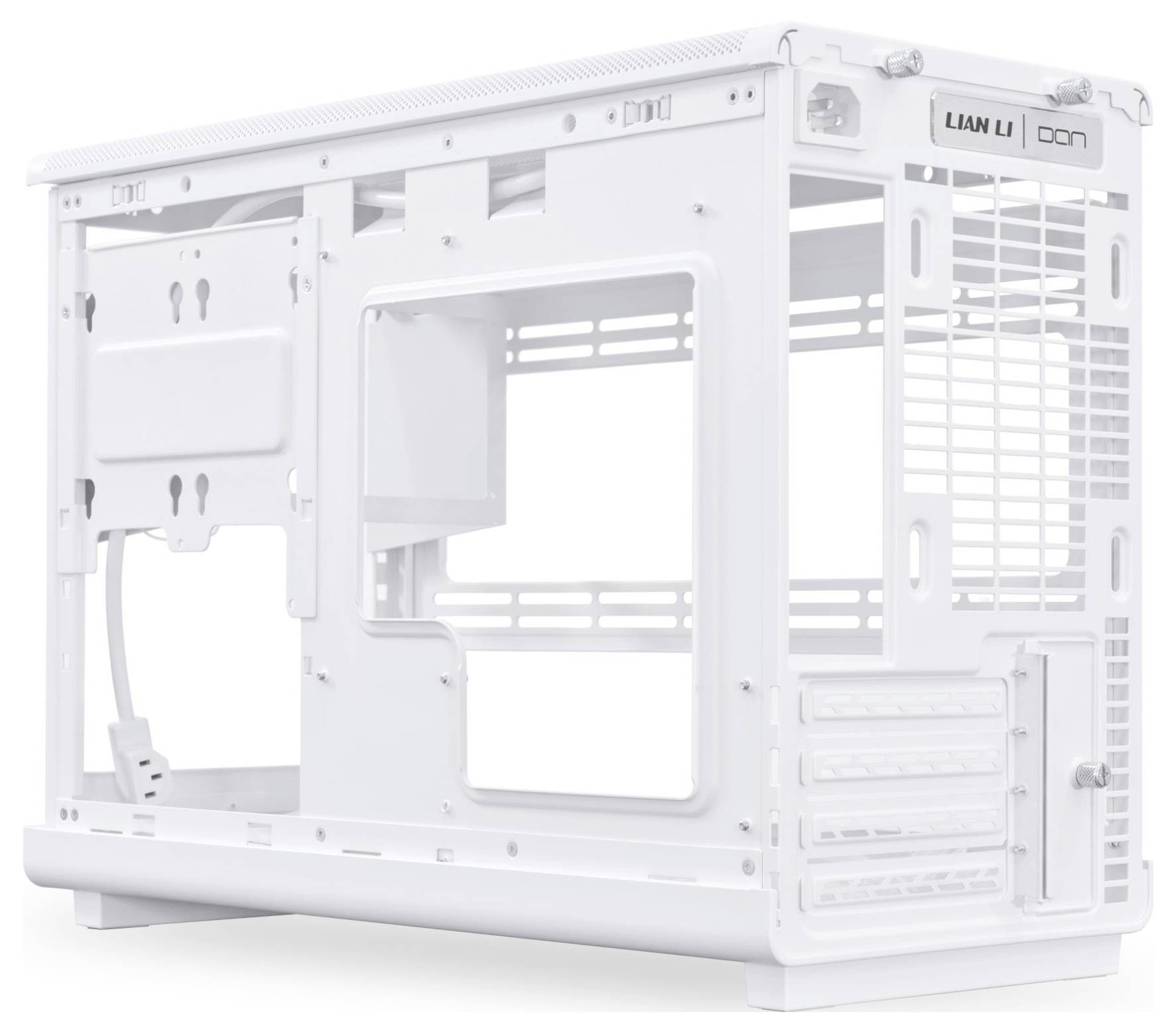 White, open computer case with transparent side panel; suitable for custom PC components.