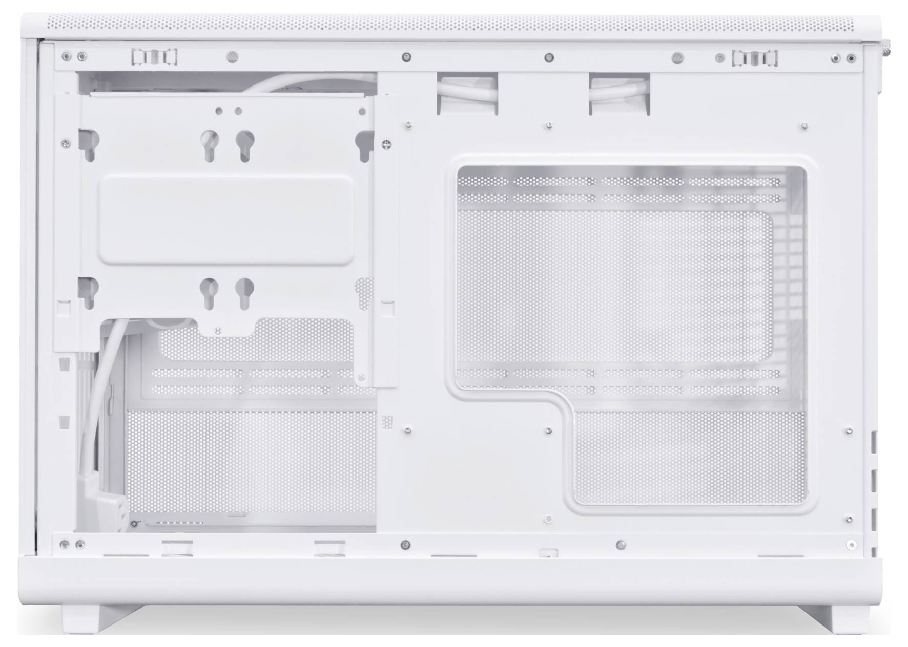 White computer case without components, showing ventilation slots and cable management options on the inside.