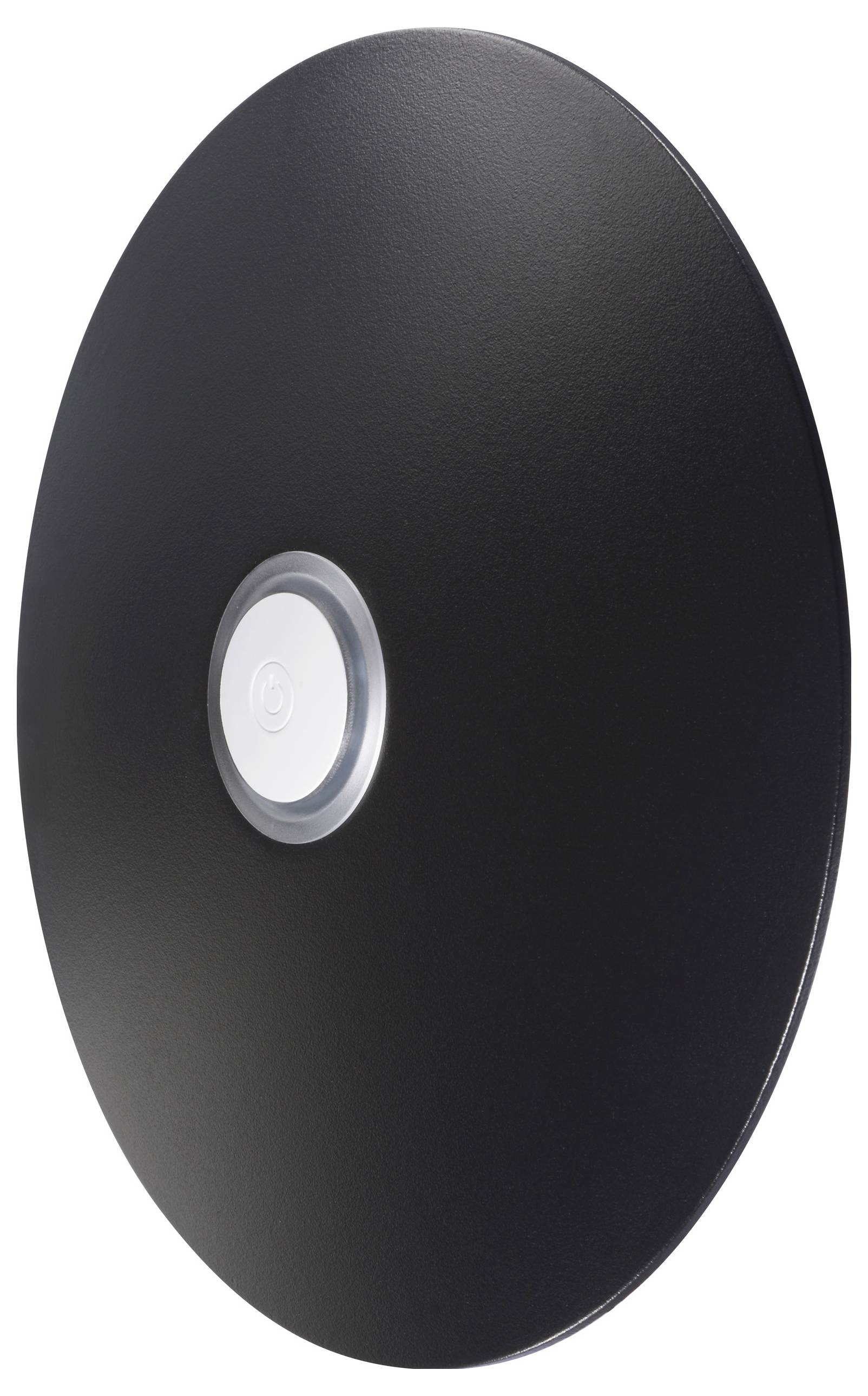 A black circular object with a white button at the center, resembling a sleek, modern speaker or electronic device, viewed from an angle.