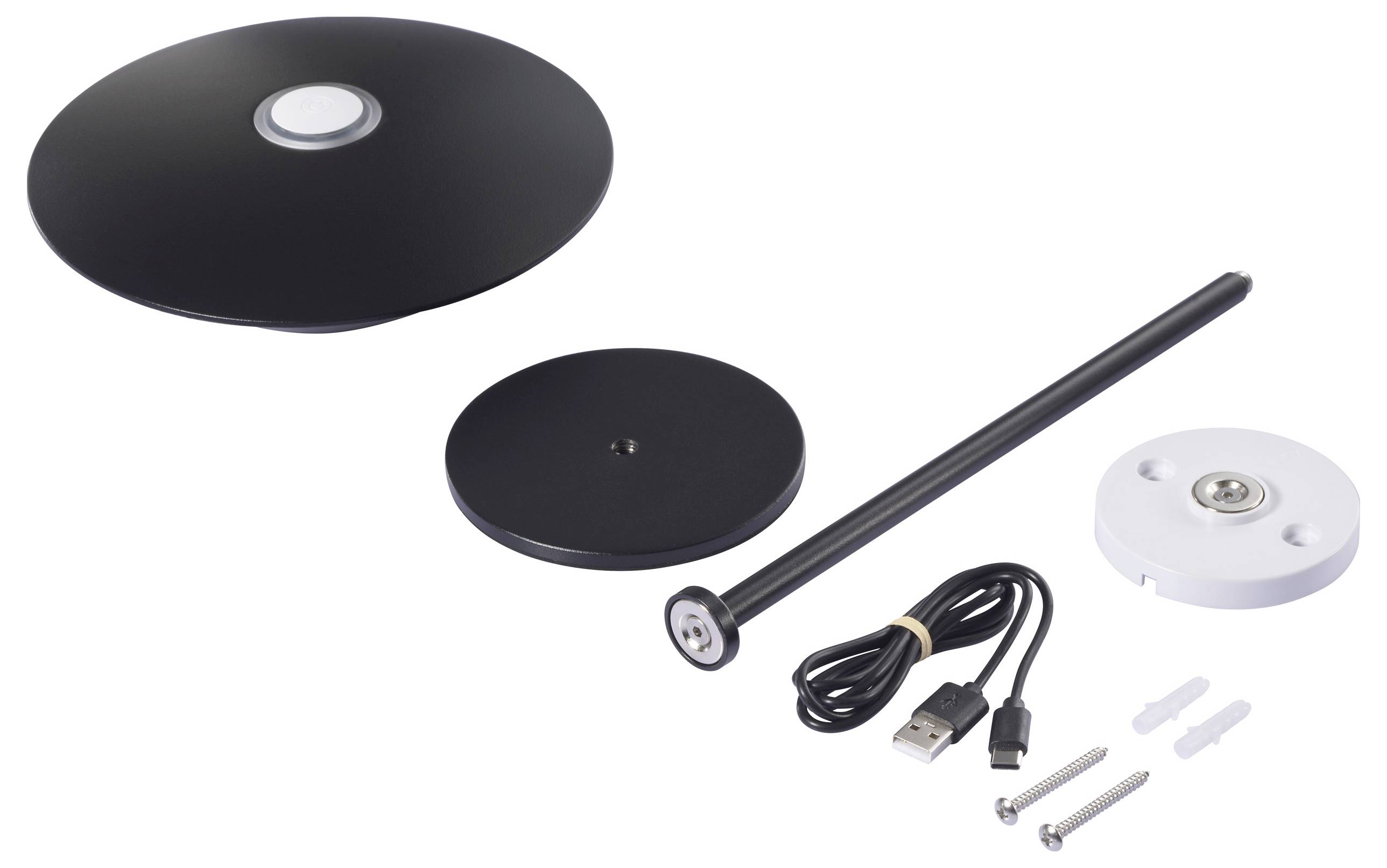 LED reading lamp components including a black circular base, USB cable, light rod, mounting plate, and screws.