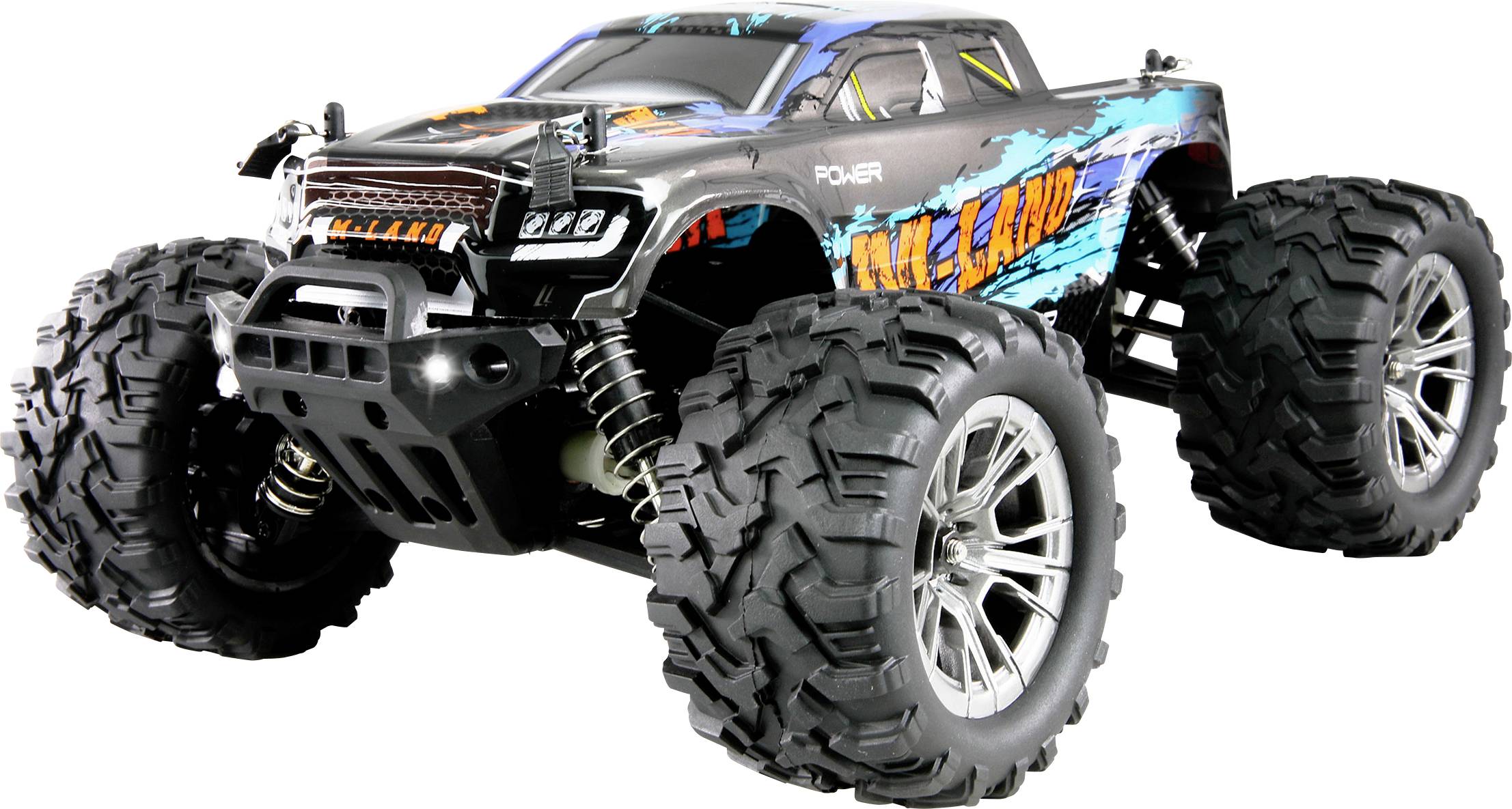 A remote-controlled car with large, chunky tyre treads, robust design, and a colourful bodywork featuring 'Power' and 'Mad Load' inscriptions.