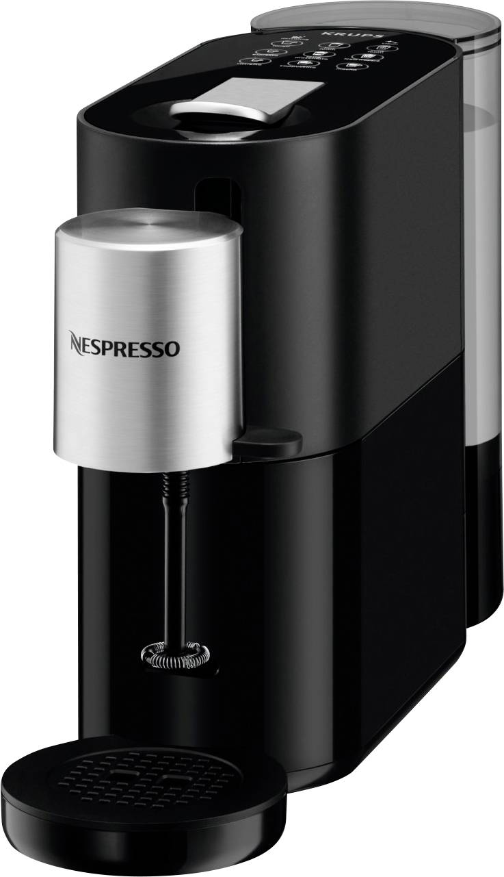 Black Nespresso coffee machine with silver accents, compact and modern, suitable for preparing espresso and coffee.