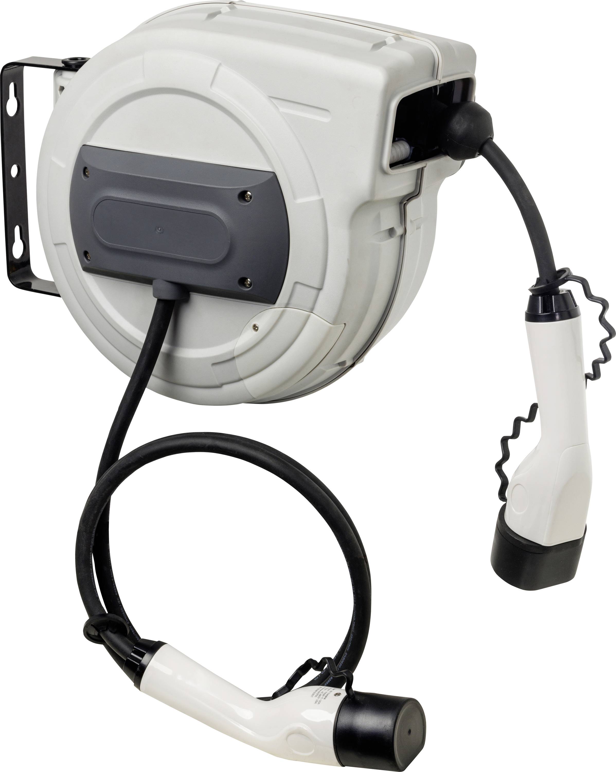 A white wall-mounted bracket with a coiled electrical cable and two plug connectors. Ideal for electric vehicle charging stations.