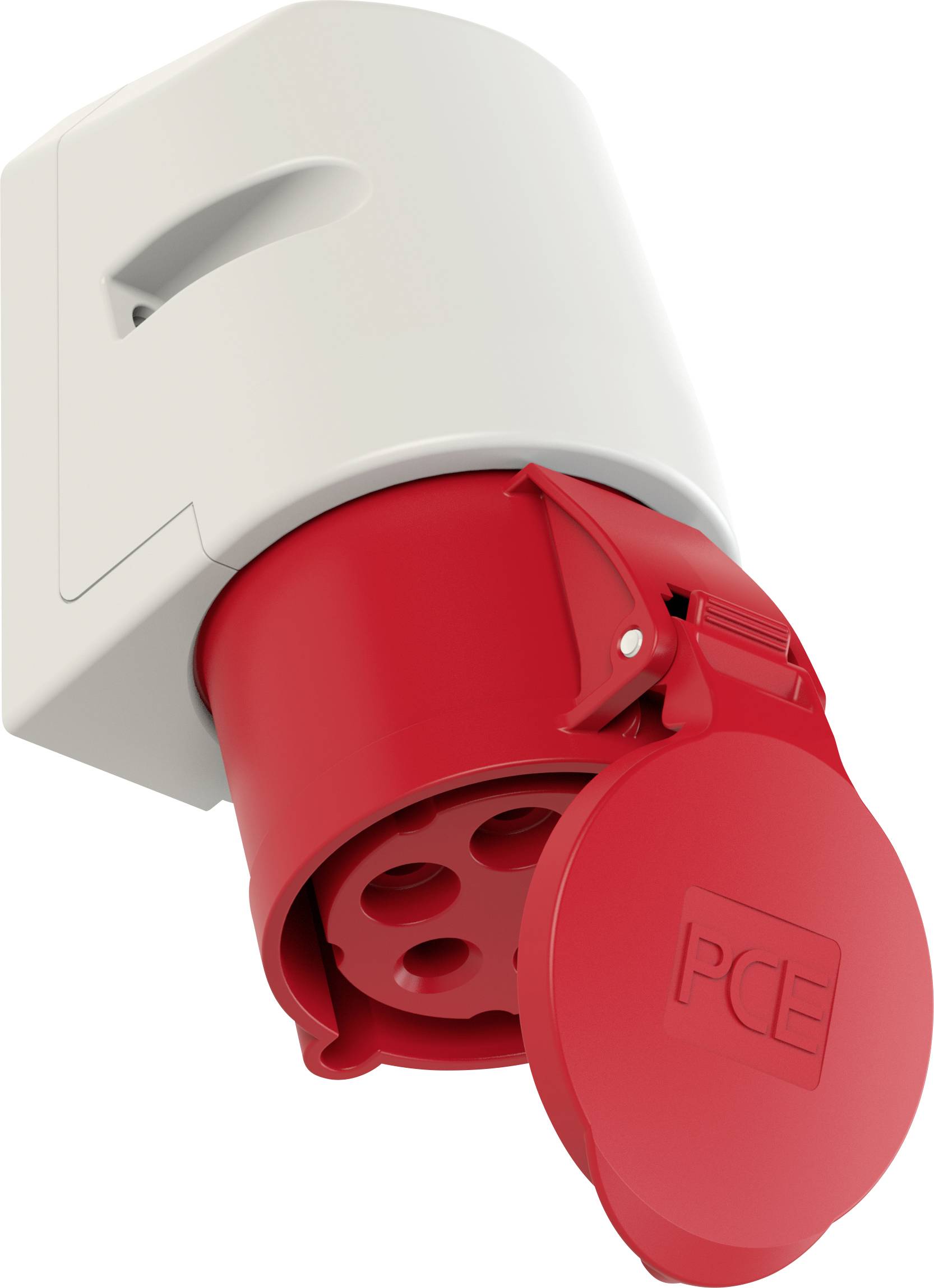 Rote und weiße Industriekupplung mit Deckel, geeignet für hohe Stromstärken, fünf Pole sichtbar. Ideal für robuste elektrische Verbindungen.