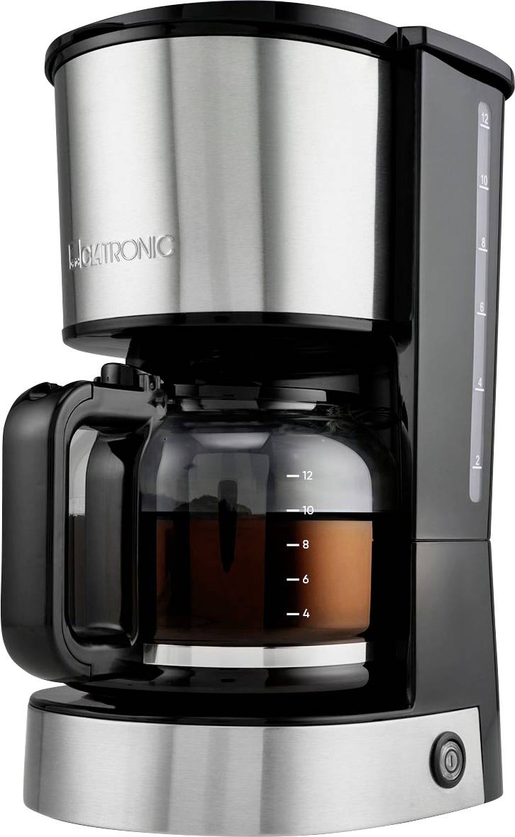 A silver and black filter coffee machine with a glass carafe. The carafe shows a measurement up to 12 cups and is partially filled.