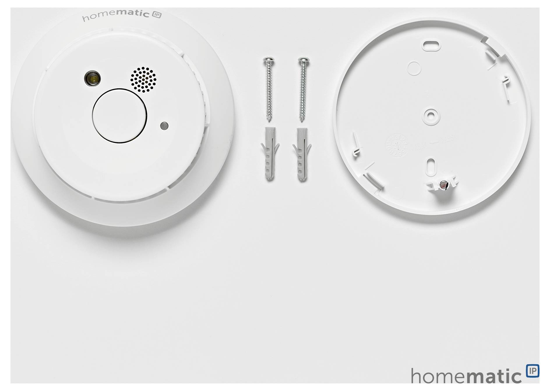 Smoke Detector Components: Casing, Base Plate, Screws and Wall Plugs. Brand: Homematic IP.