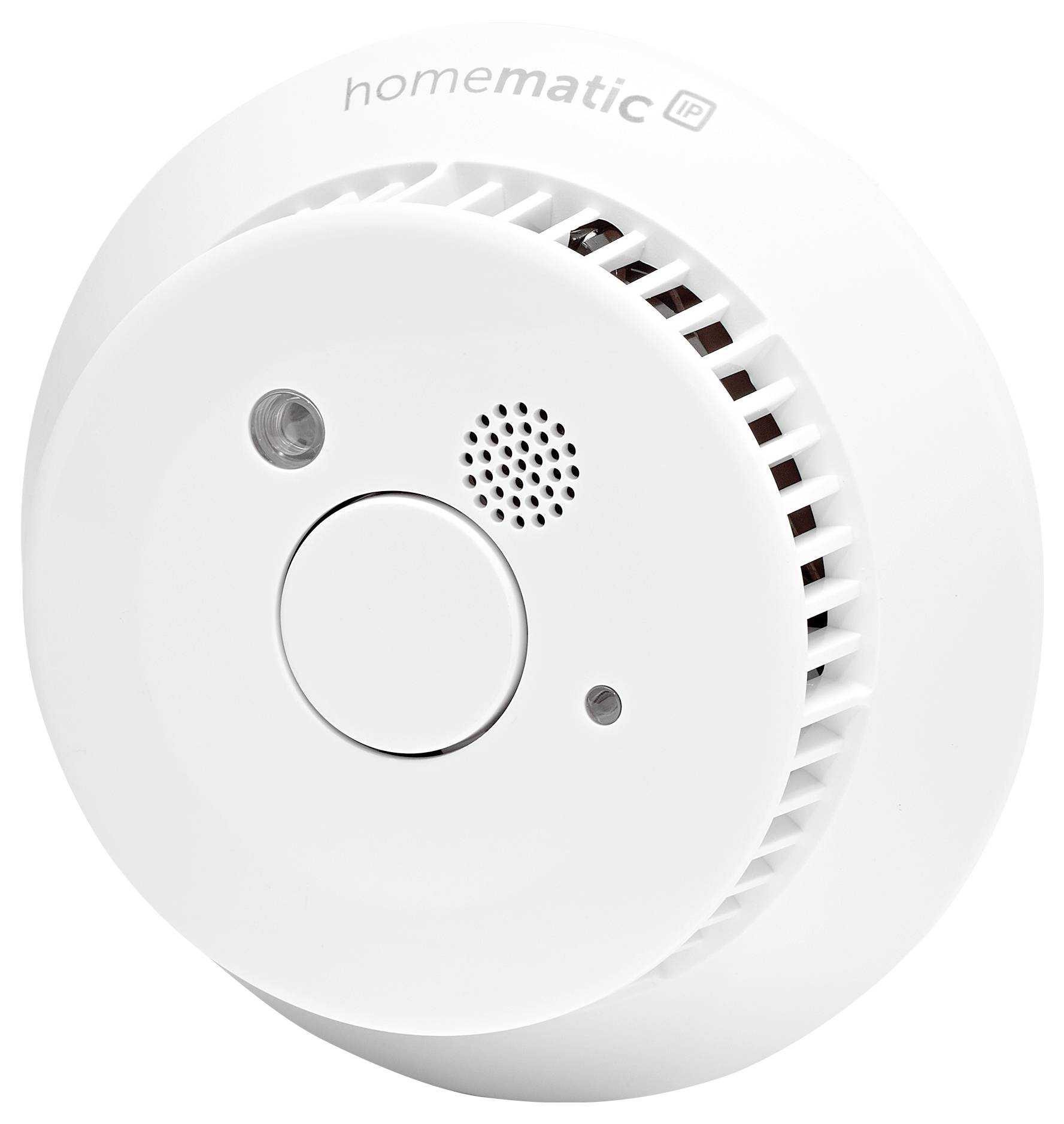 White, round smoke detector with a large button in the centre. At the top it reads 'homematic IP'.