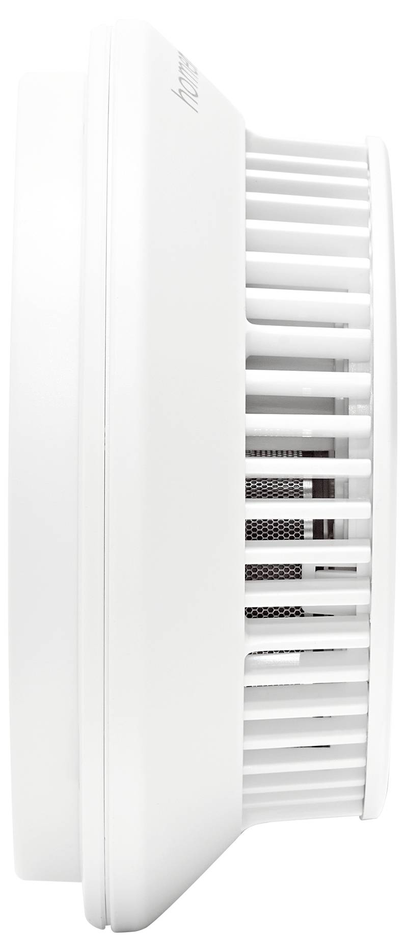 A white smoke detector is mounted sideways on a wall to detect smoke and fire and ensure safety indoors.