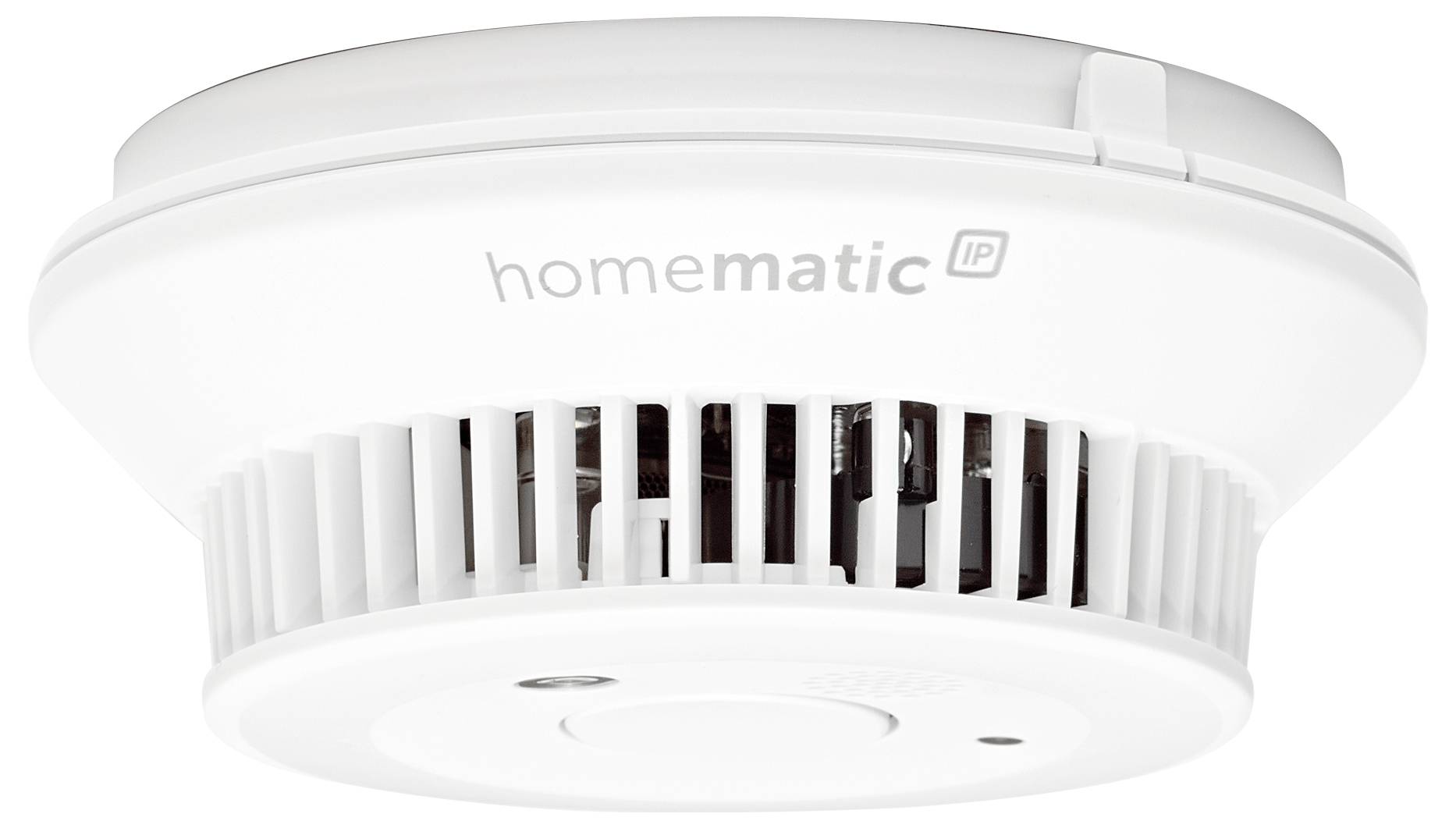 A white smoke detector by the brand 'homematic IP' with a ventilation grille and a central button.
