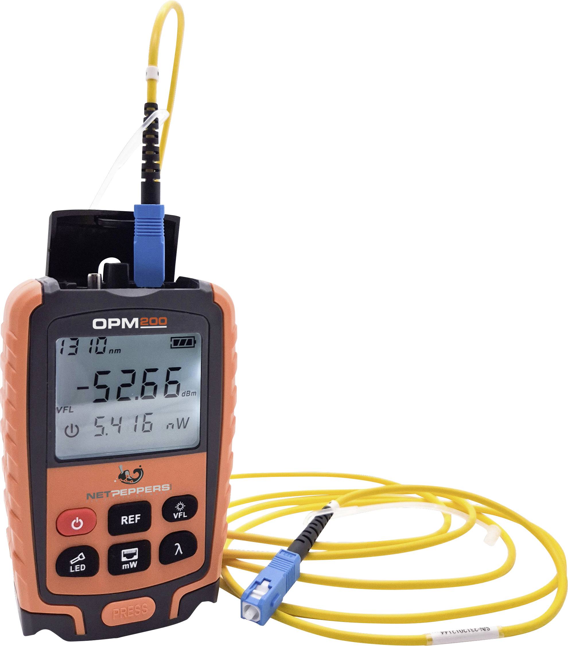 An orange and black optical power metre displays '-52.66' dBm on the display. Yellow fibre optic connection at the top.