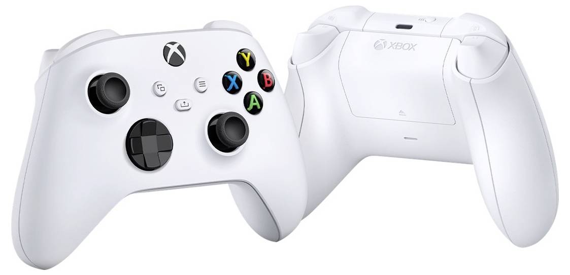 Two white gaming controllers: one showing the front view with buttons and joysticks, the other displaying the back view with the battery compartment.