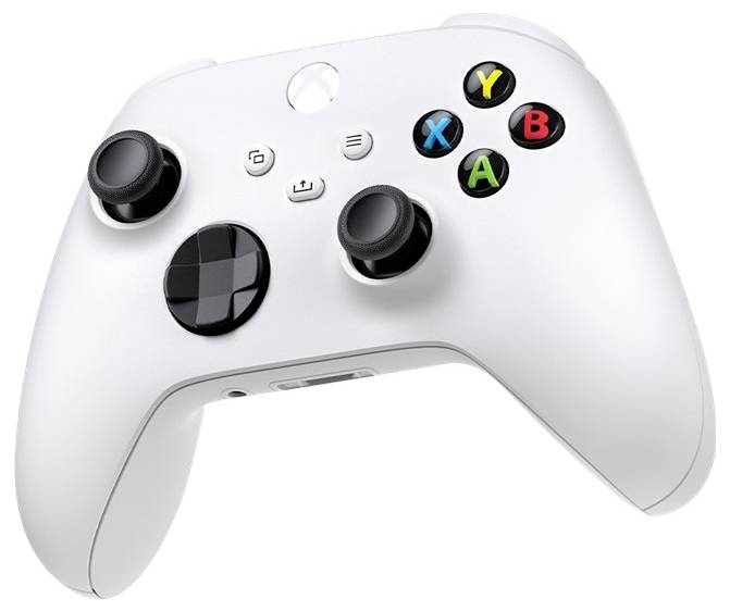 A white gaming controller with black joysticks and colourful buttons (A, B, X, Y), hovering against a white background.