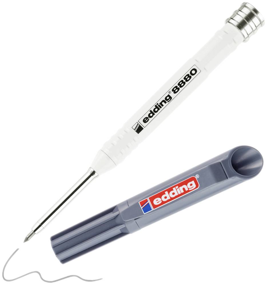 A white Edding 8850 industrial paint marker with a fine tip draws a grey line. The pen cap lies beside it.
