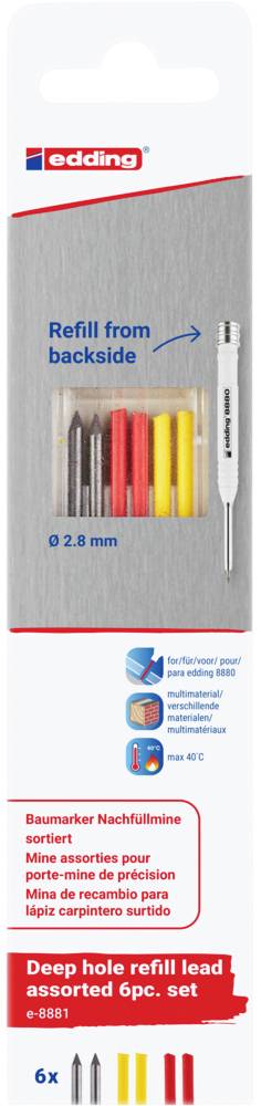 'edding' packaging with 6 coloured mine refills (red, yellow, grey), suitable for deep hole markers. Text: 'Refill from the back'.
