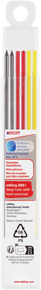 Container with red, yellow and grey leads for edding mechanical pencils, suitable for 0.5 mm lead thickness.