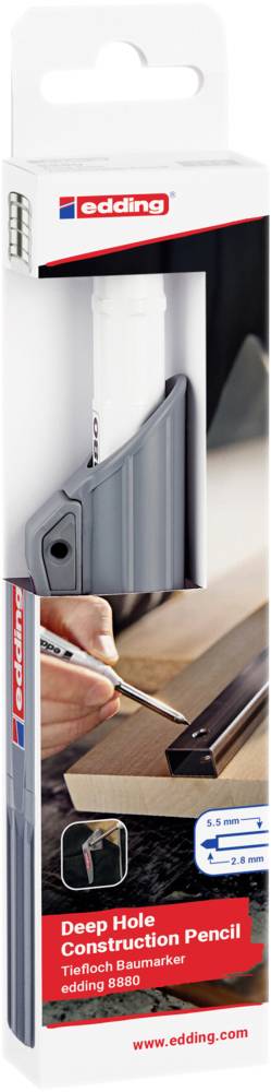 Packaging for an Edding deep-hole marker pen. The pen is white with a grey sleeve. Suitable for deeper markings.