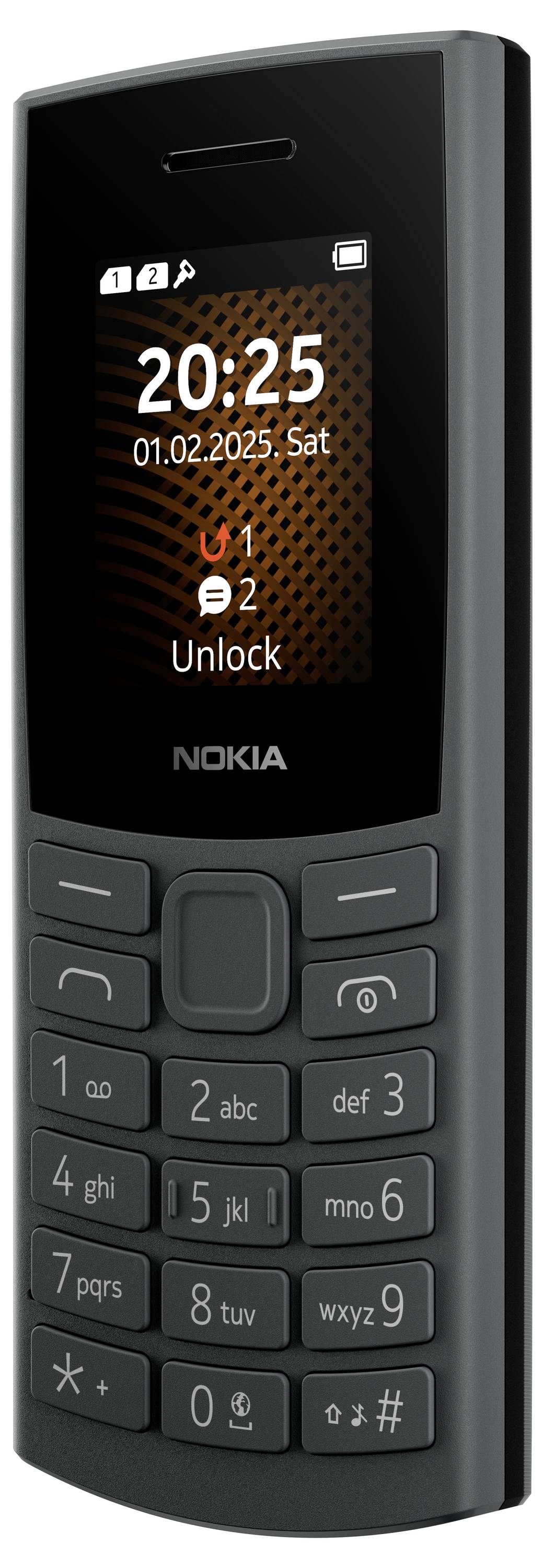 A black push-button mobile phone with a small colour screen displaying the time 20:25 and date 01/02/2025. Brand name underneath.