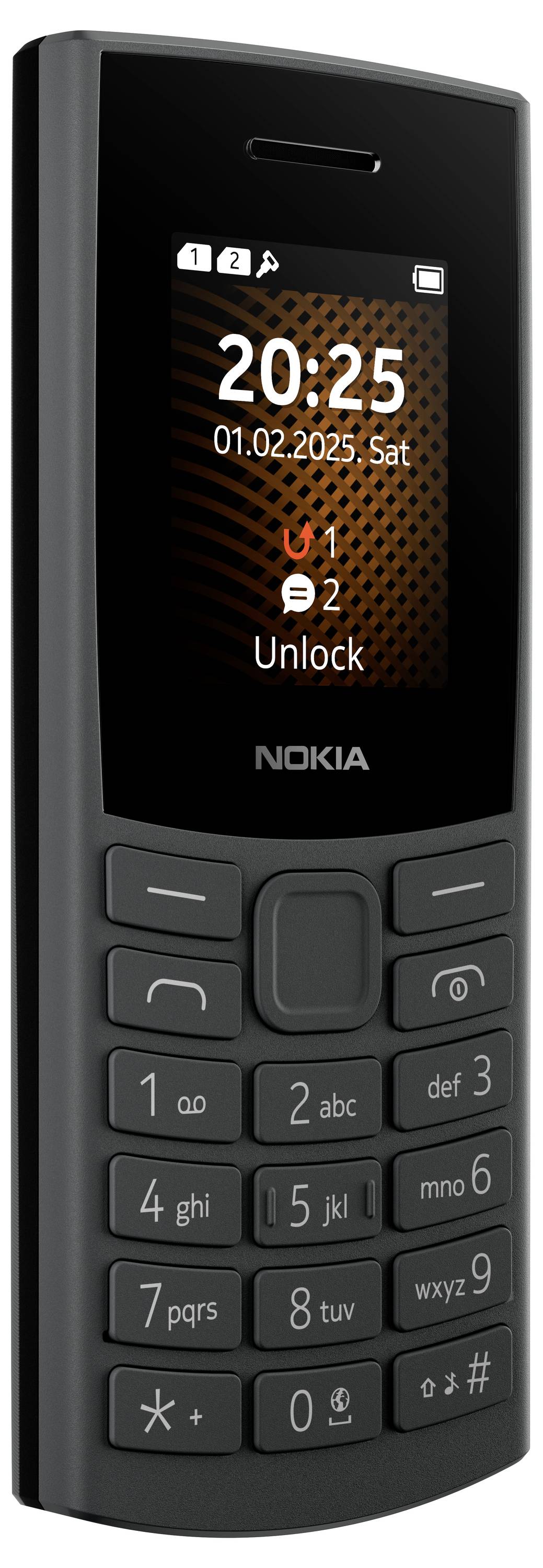 Black button mobile phone with small screen. Display shows '20:25, 01/02/2025, Sat', with battery and signal strength indicators.