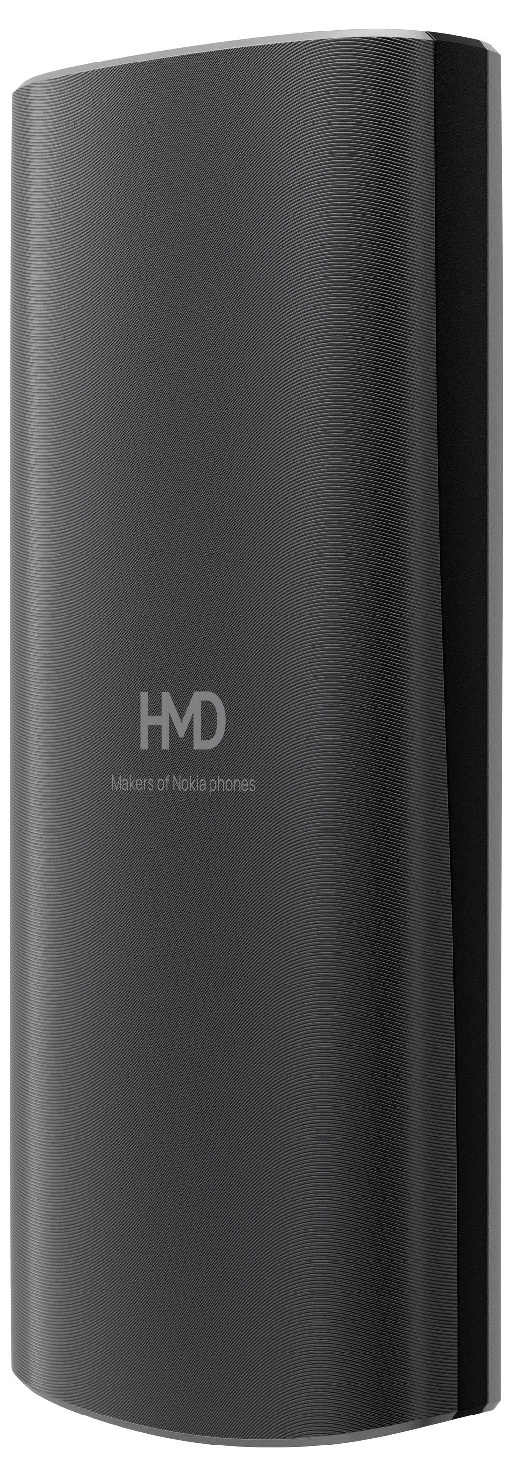 A black rectangular device with the inscription 'HMD Makers of Nokia phones' in the centre. It has a curved surface.