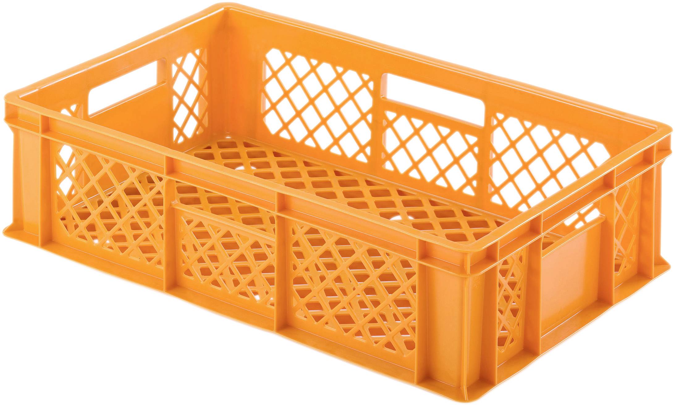Orange plastic basket with side handles and lattice pattern, empty. Suitable for transporting or storing items.Note: The translation preserves the original meaning and maintains a natural British English style.