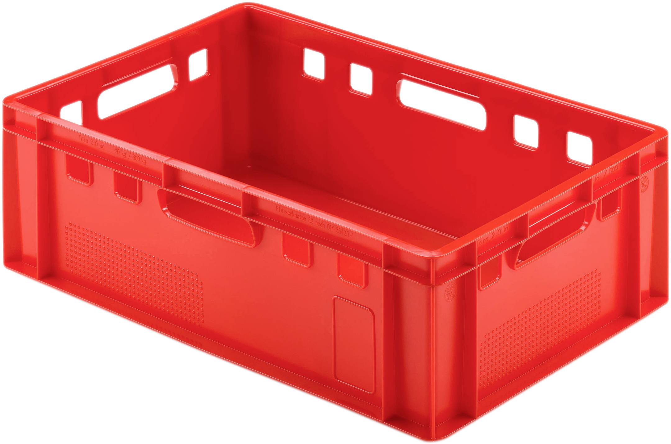 Red plastic storage box, rectangular, with open handles on the sides.