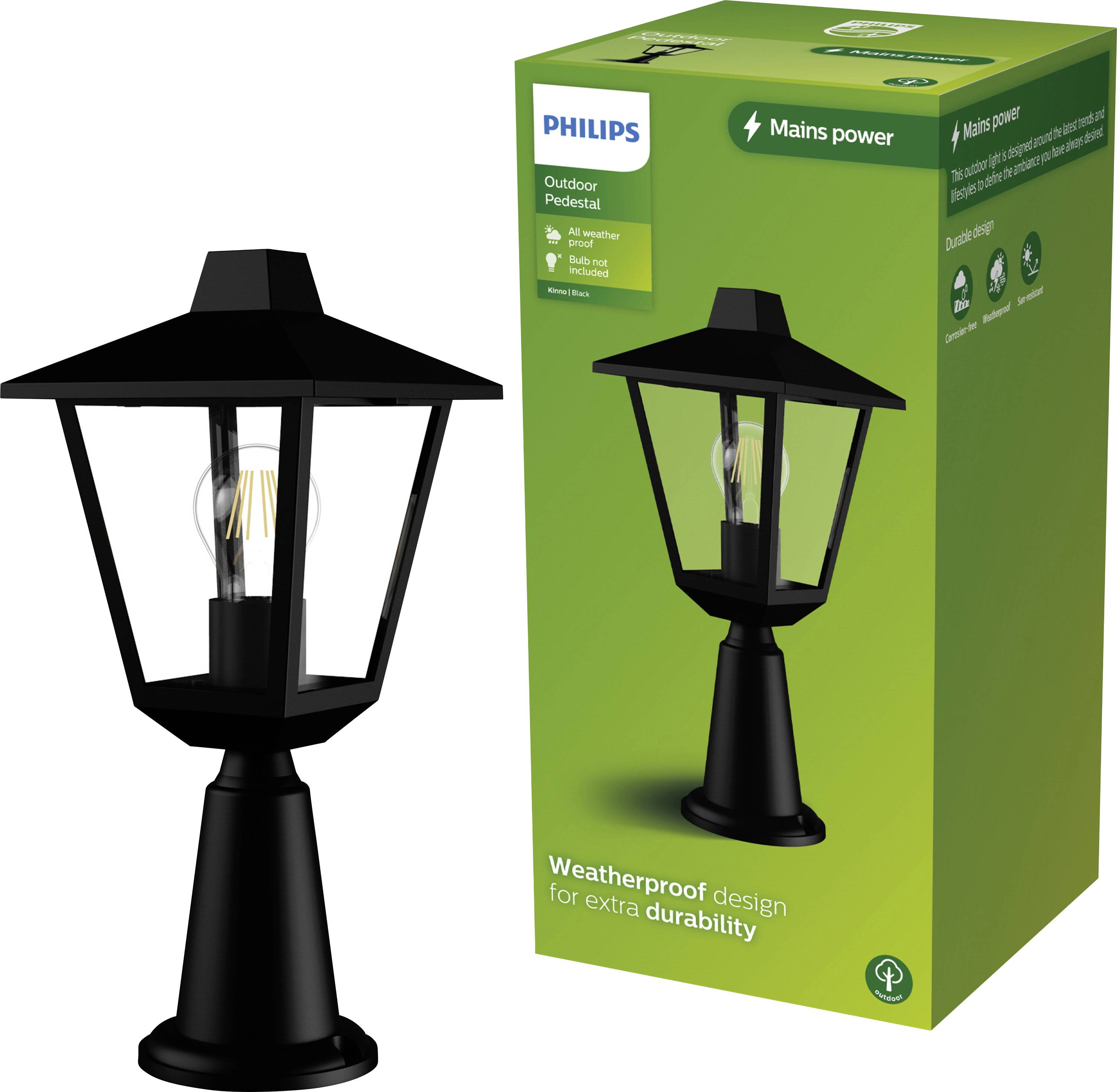 Street lamp by Philips next to its packaging. On the box it reads 'Weatherproof design for extra durability'.Note: The translation is already in British English, so no substantial changes were needed.
