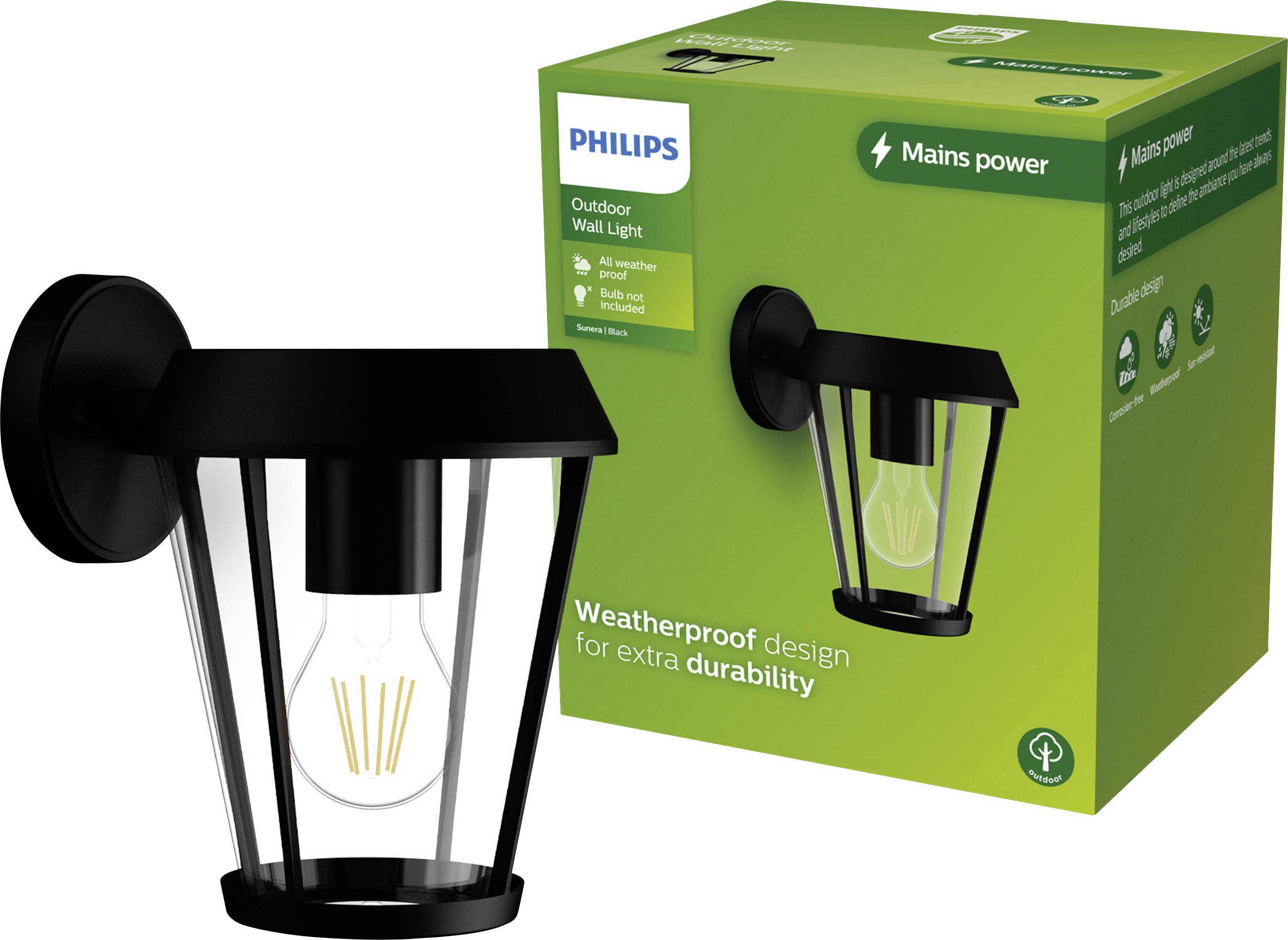 Black, weatherproof wall light by Philips for outdoor use, presented in a green packaging with the note 'Mains power'.