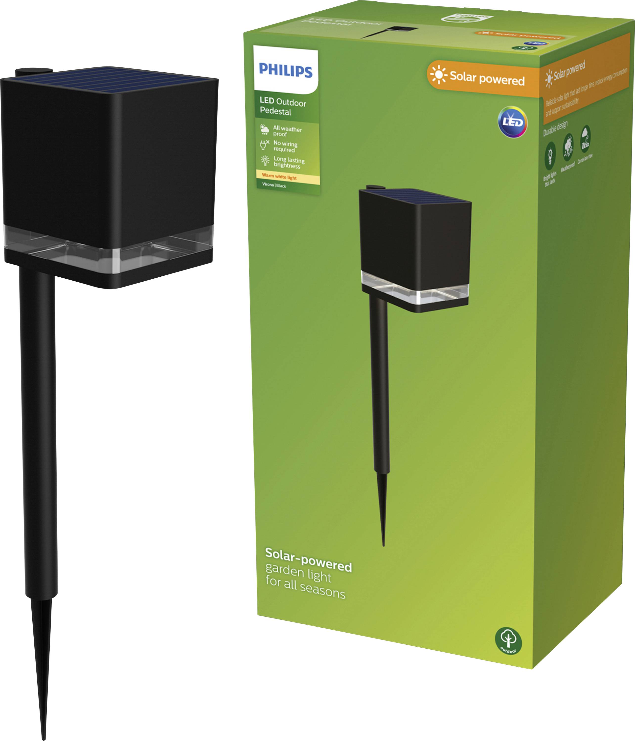 Solar-powered garden lamp by Philips with LEDs. Packaging shows lamp and emphasises eco-friendly, season-independent use.