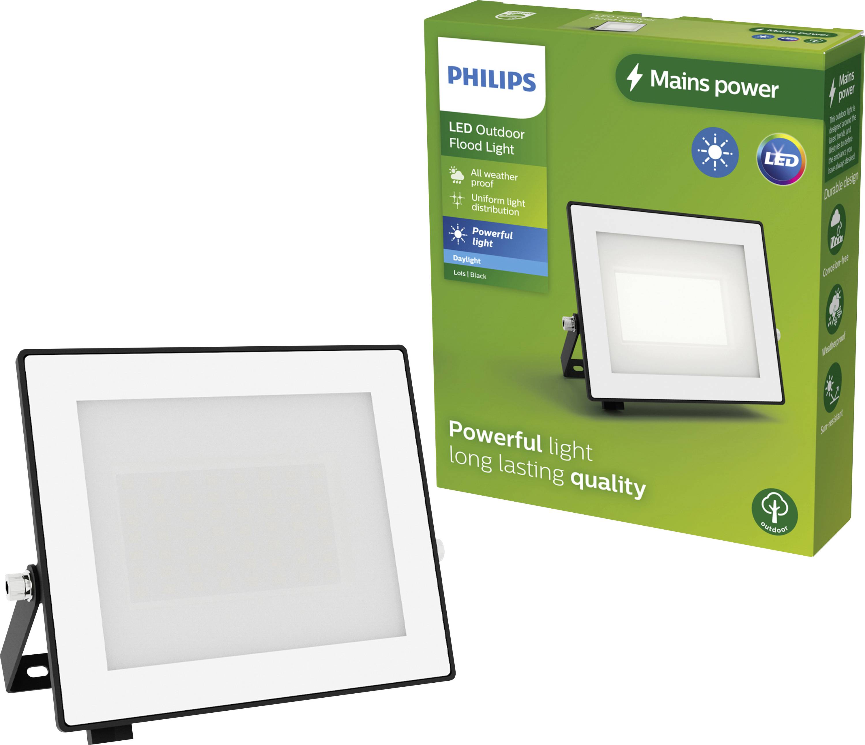 A white Philips LED floodlight in front of its packaging. On the packaging it reads: 'Powerful light, long lasting quality' with LED symbols.Note: The translation is already in British English, so no significant changes were needed.