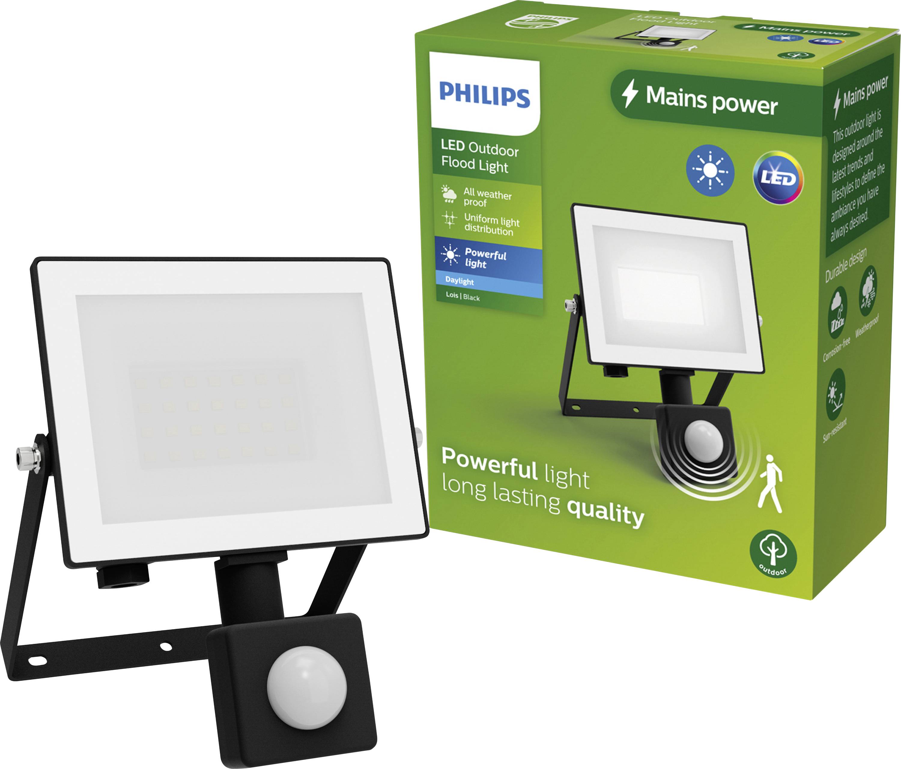 A black Philips outdoor LED light with a motion sensor stands next to the packaging, which contains texts about quality and performance.