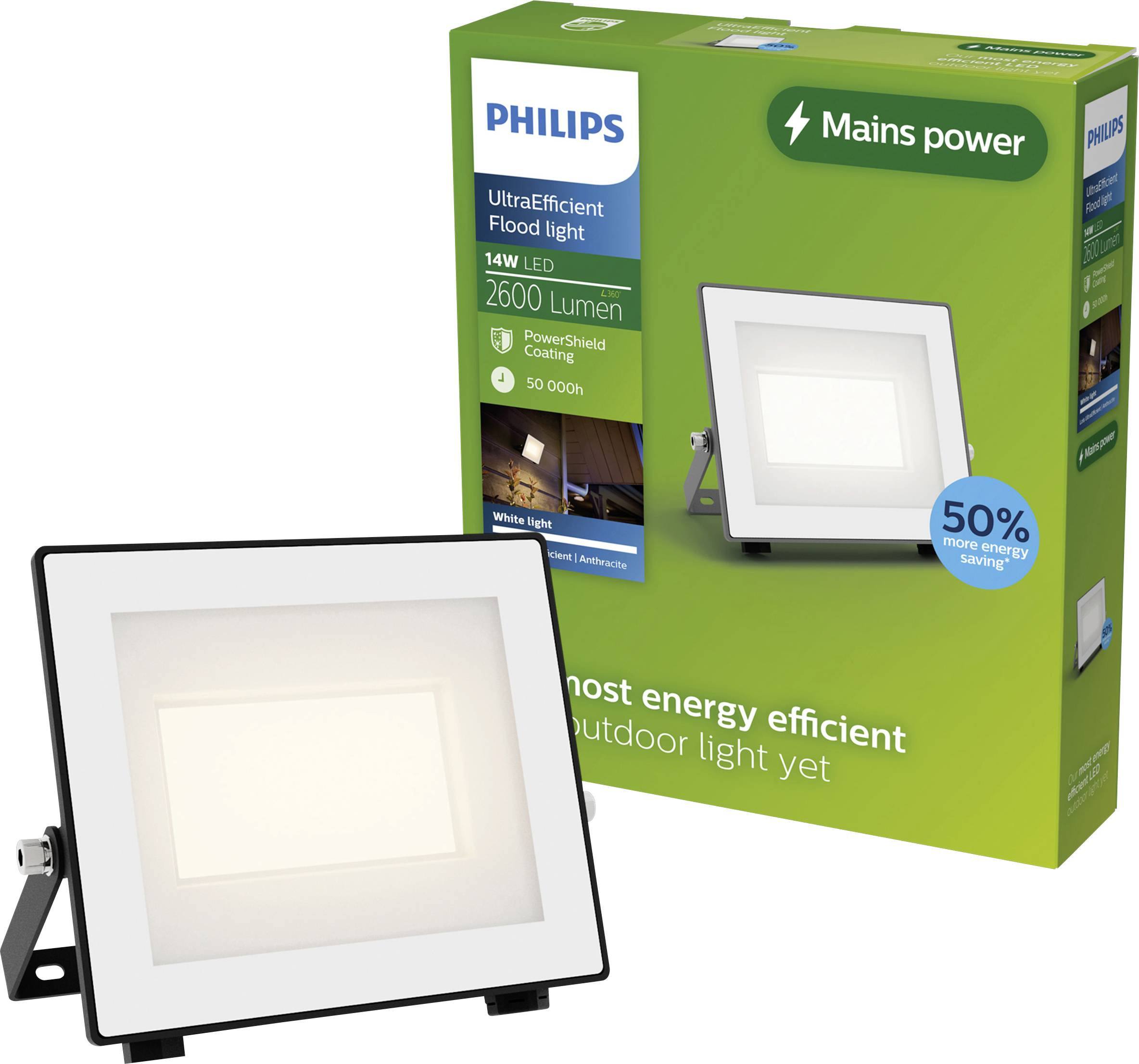 Philips UltraEfficient LED flood light and its green packaging, labeled 14W, 2600 lumen, mains power, and 50% more energy saving.