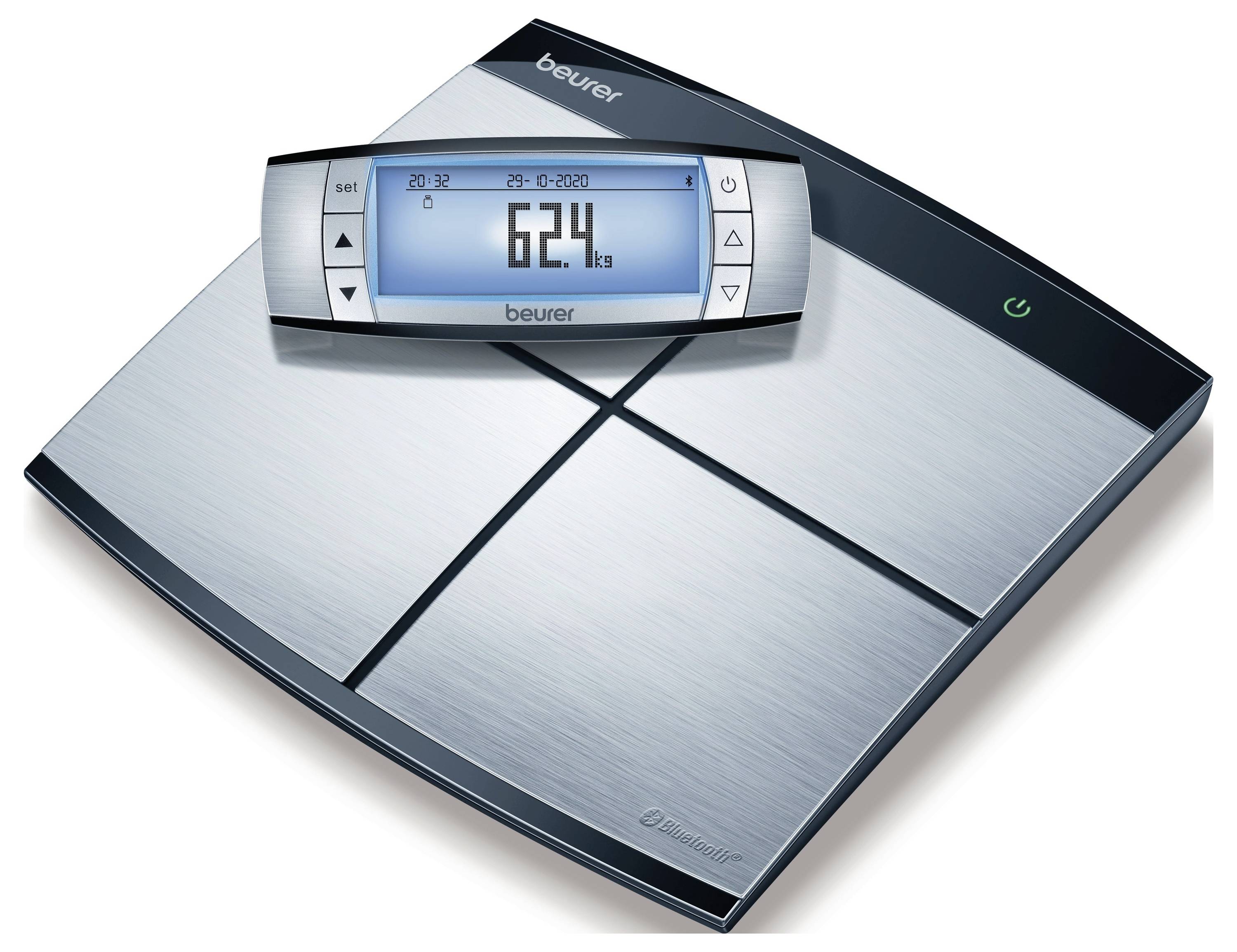 Digital bathroom scales with a removable display, showing a weight of 62.4 kg. The brand is visible on the device.