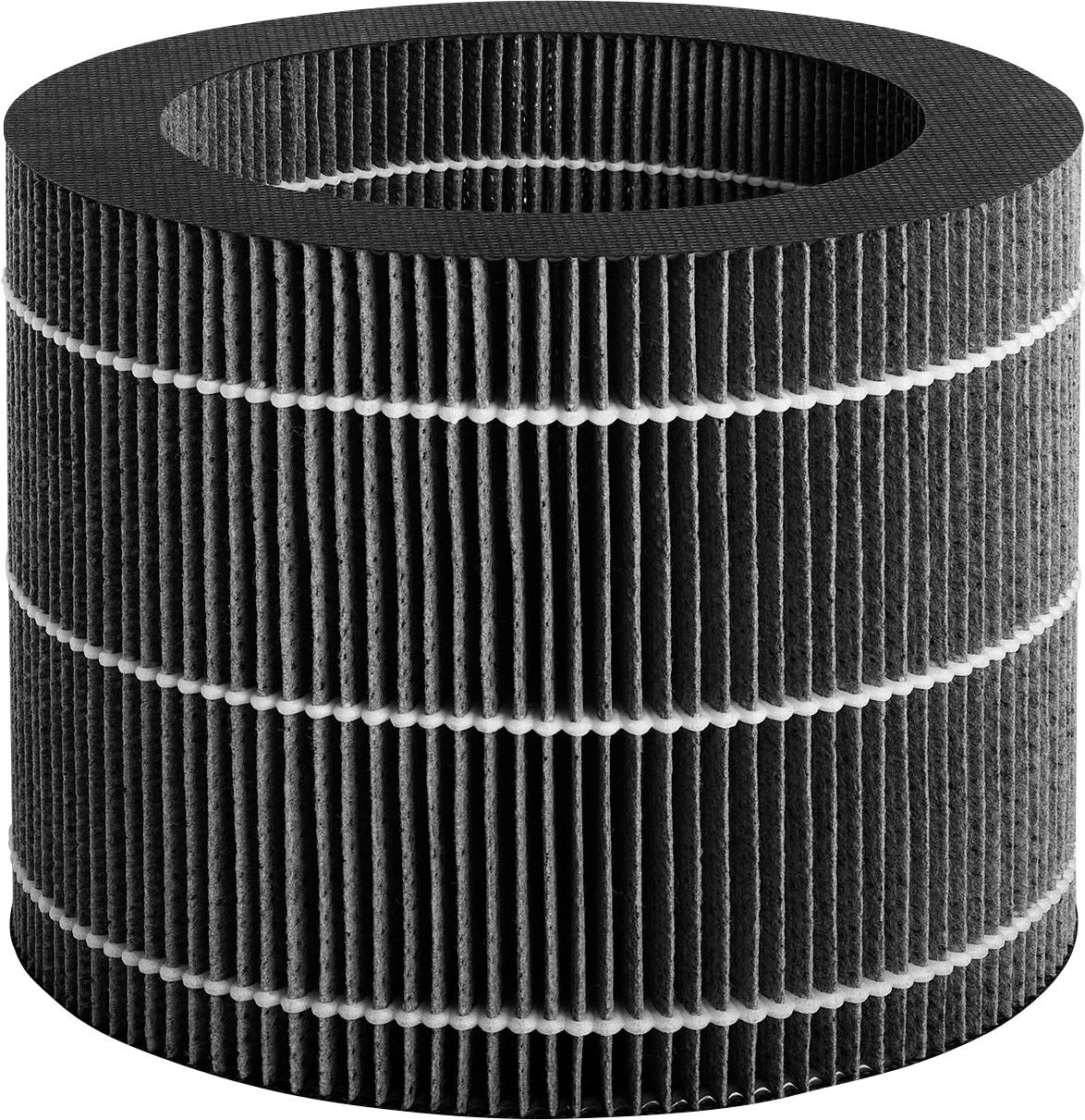 A cylindrical air filter with a fine black mesh, with vertical grooves running along the entire body.