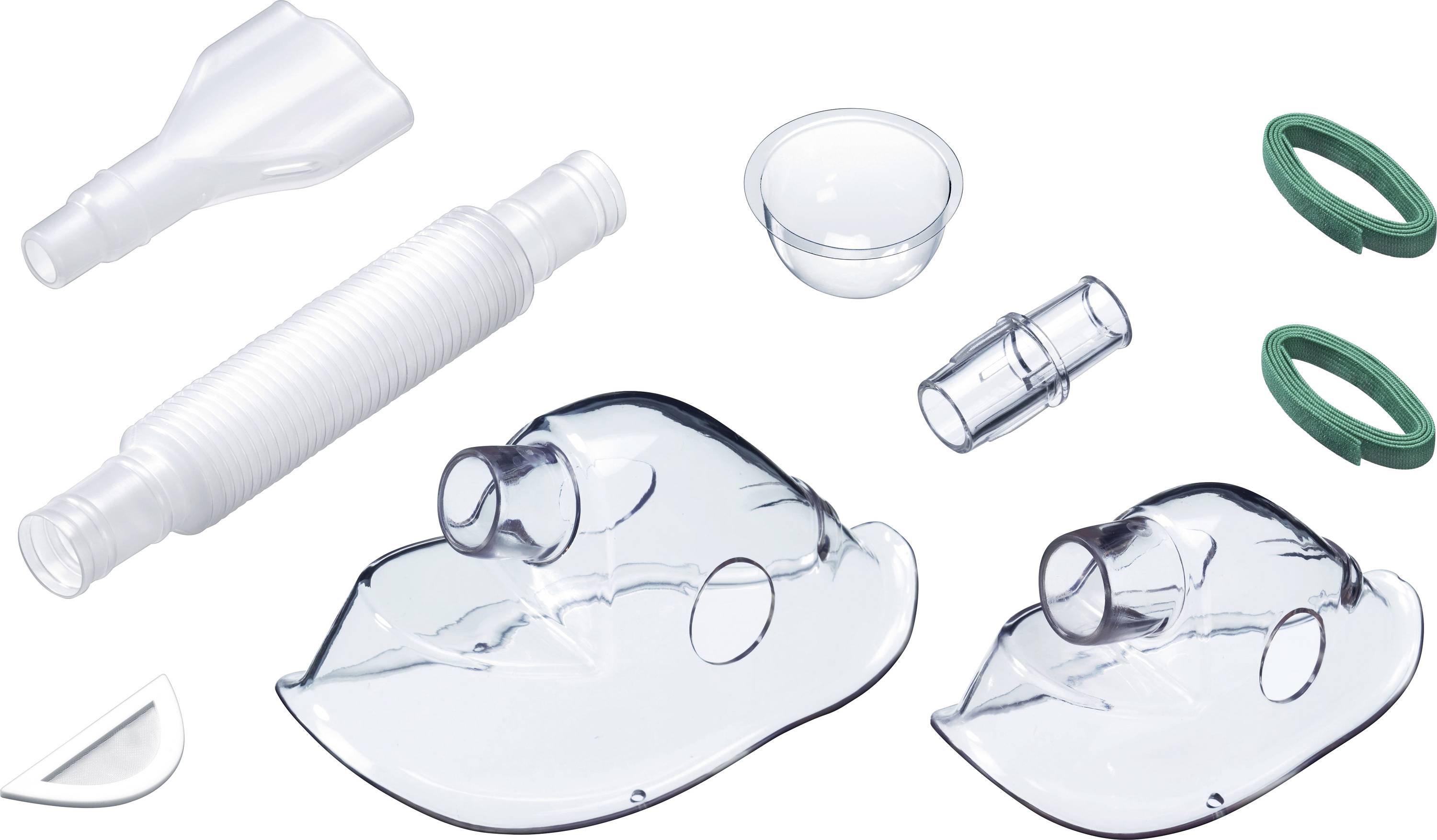 Various oxygen masks and accessories on a white background. Includes breathing tubes, masks, and sealing rings.