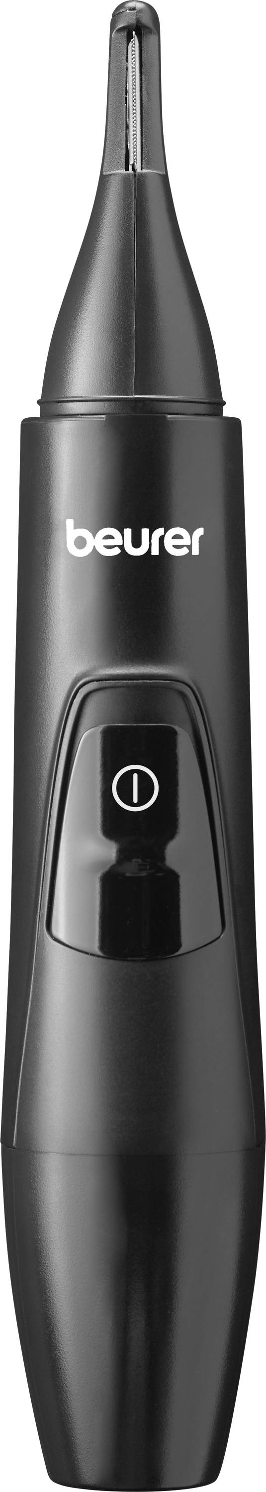 A black electric nose and ear hair trimmer by Beurer with an on/off switch in the middle.