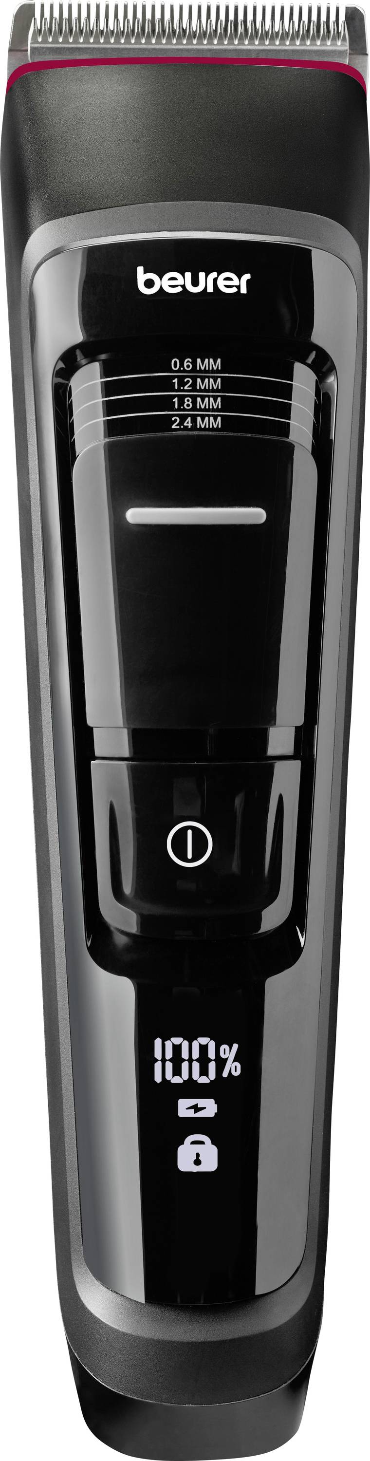 Electric Hair Clipper in Black, Beurer Brand. Shows cutting lengths from 0.9 to 2.4 mm and a digital display with 100% battery charge.