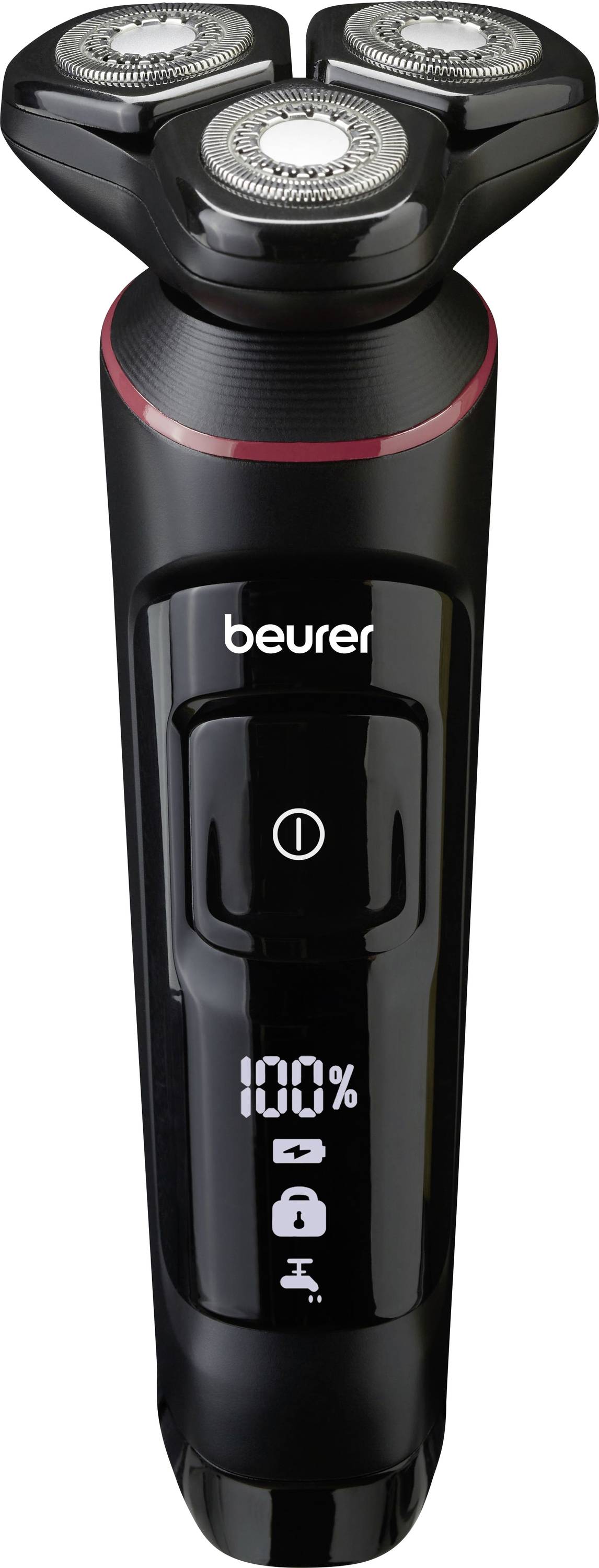 Electric razor in black with three round shaving heads and digital display. 'Beurer' brand visible.