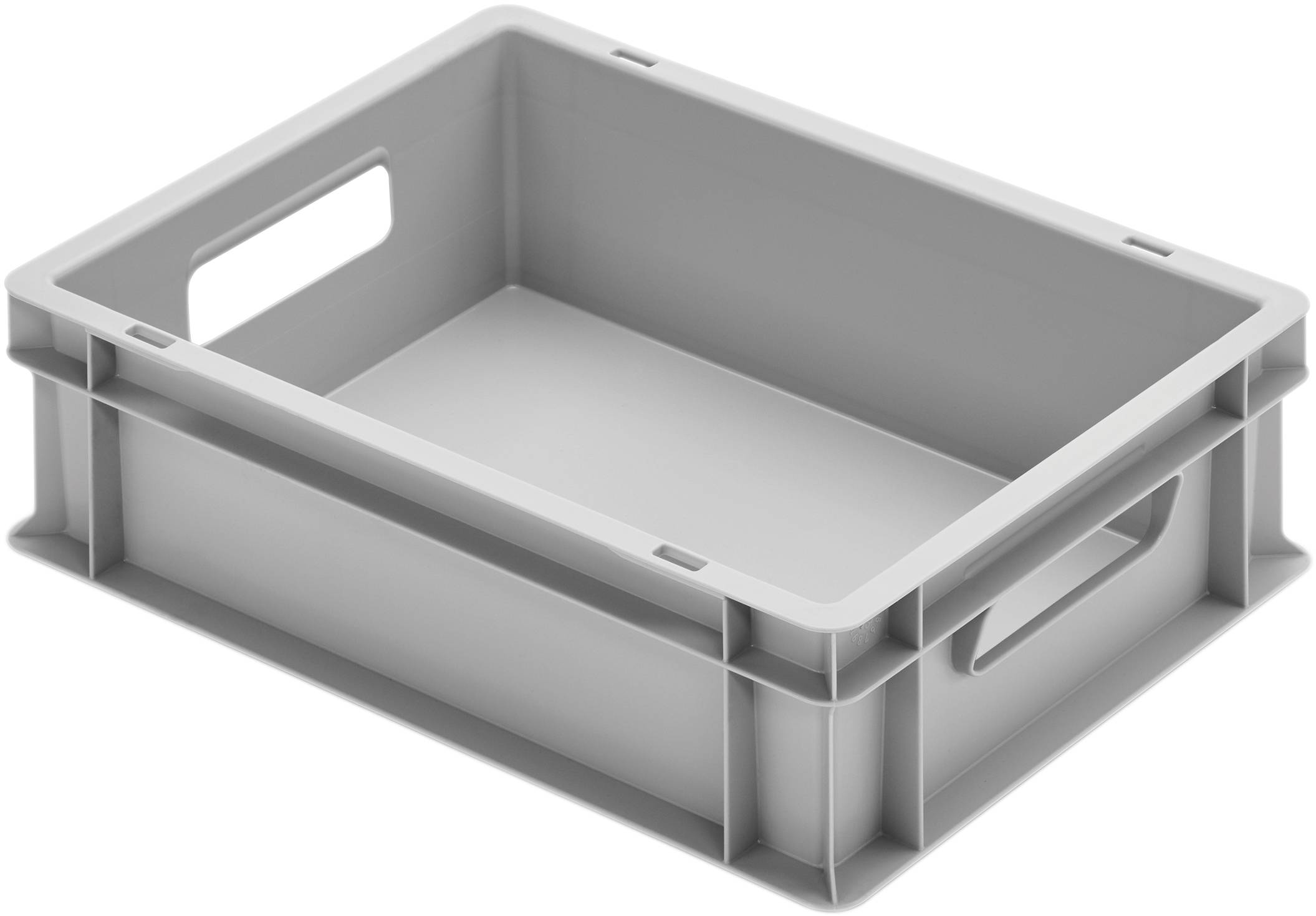 Grey plastic storage crate with side handles. Rectangular shape, stackable, commonly used for storage or transportation.