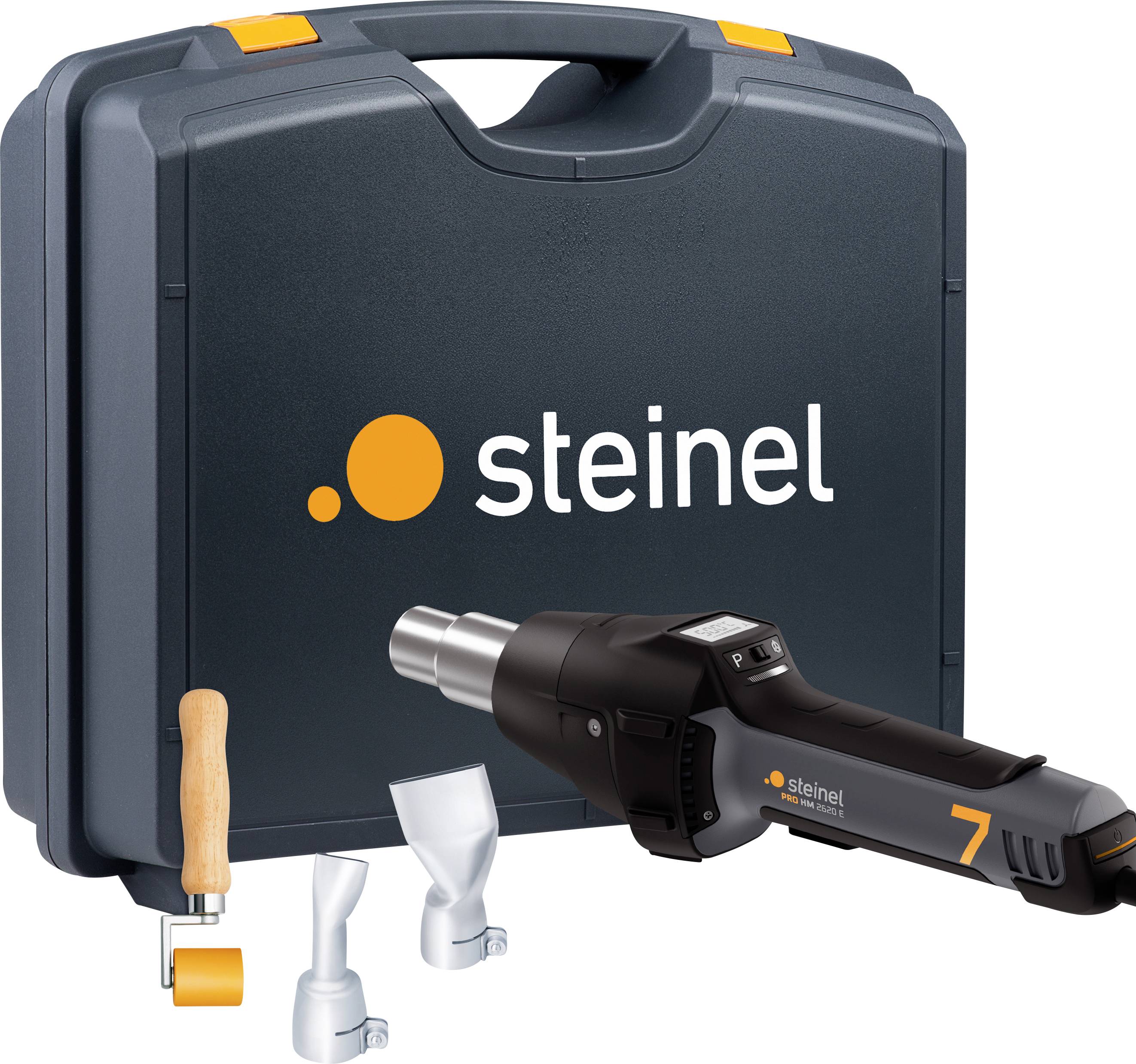 Hot air blower set with black Steinel blower, nozzle attachments, rolling tool and carrying case.