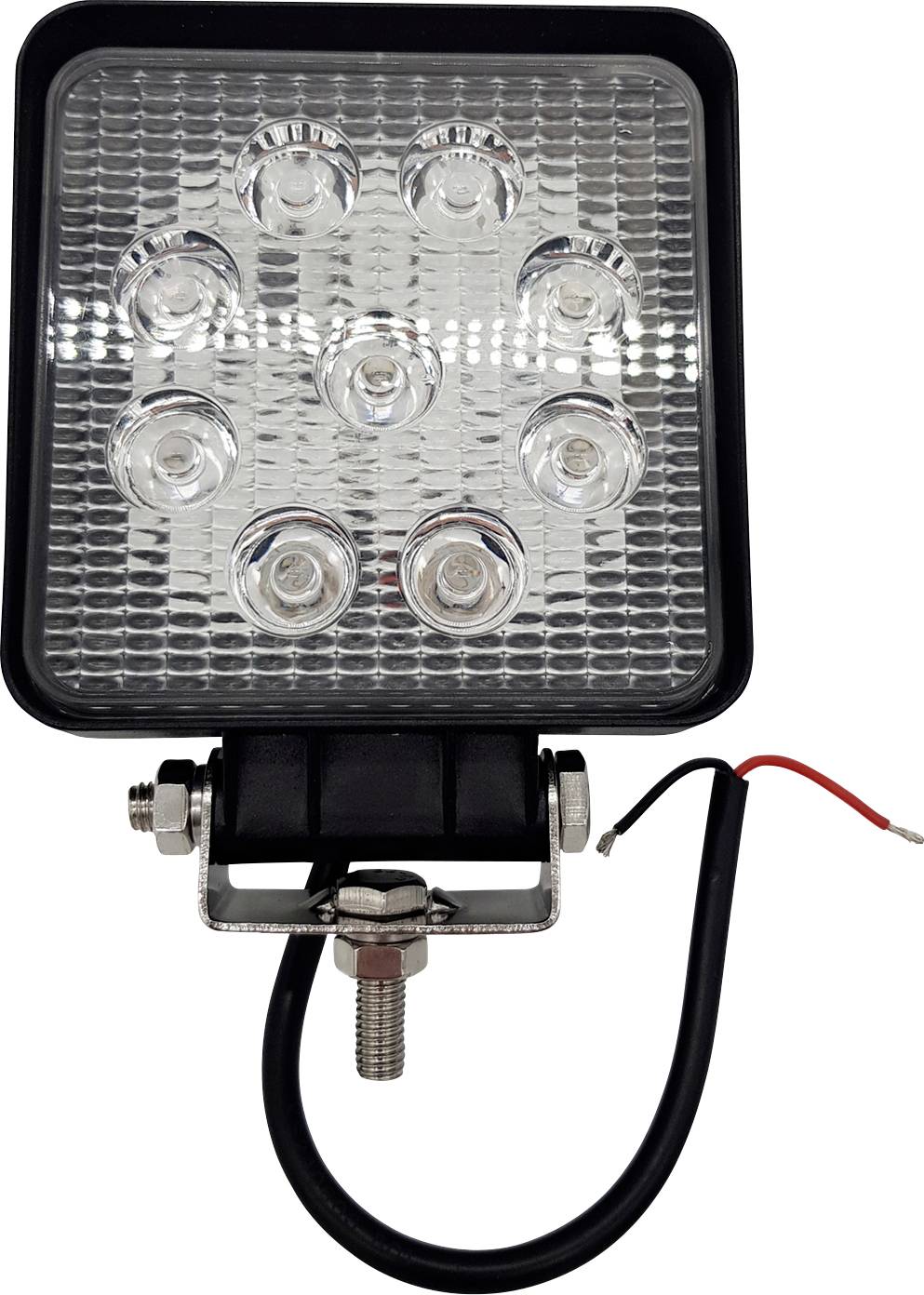 A square LED work light with nine round lights, mounted on a bracket, with a black cable and red wires.