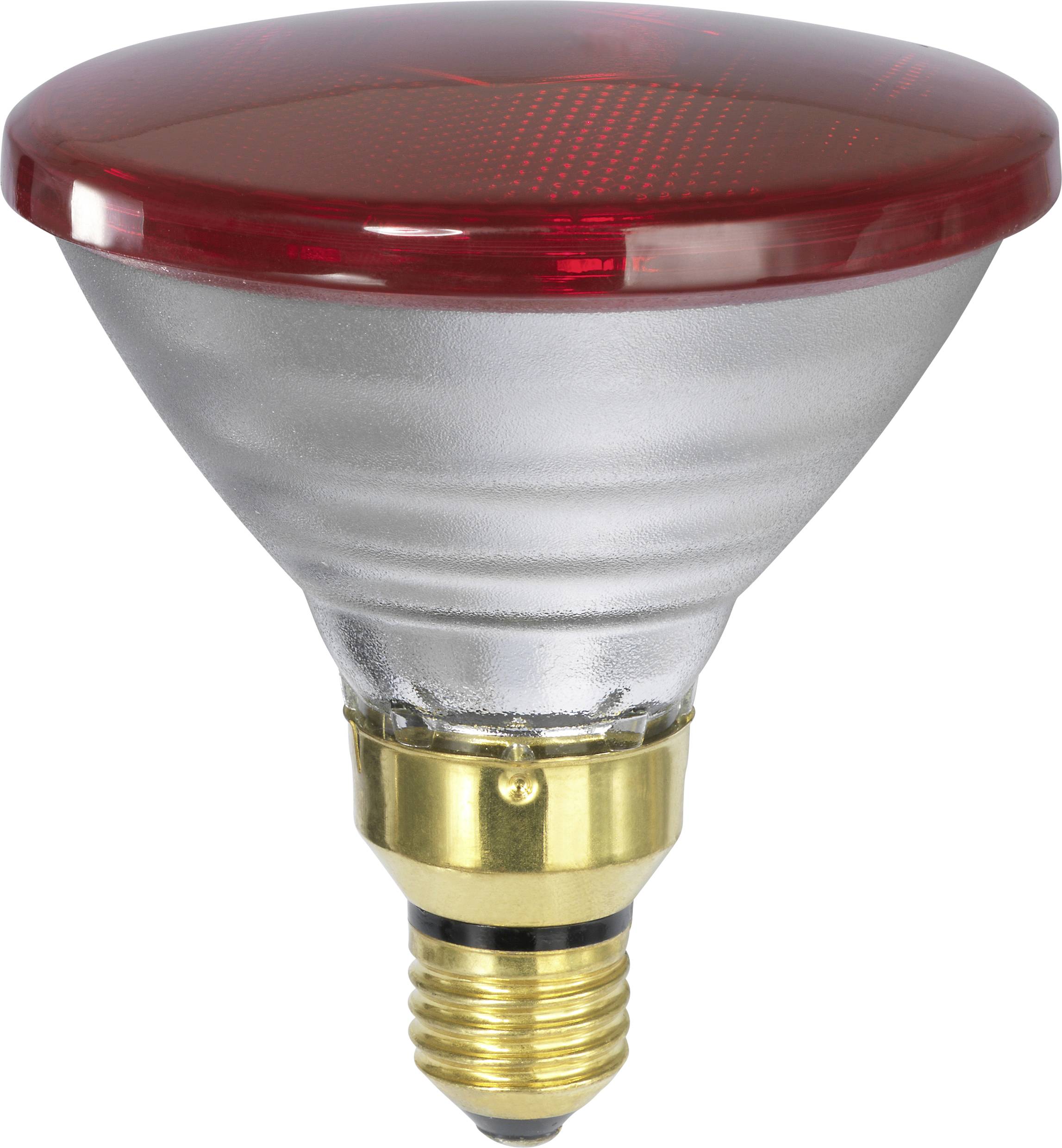 A red-tinted, reflective light bulb with a brass screw base, suitable for specialized lighting applications or decorative use.