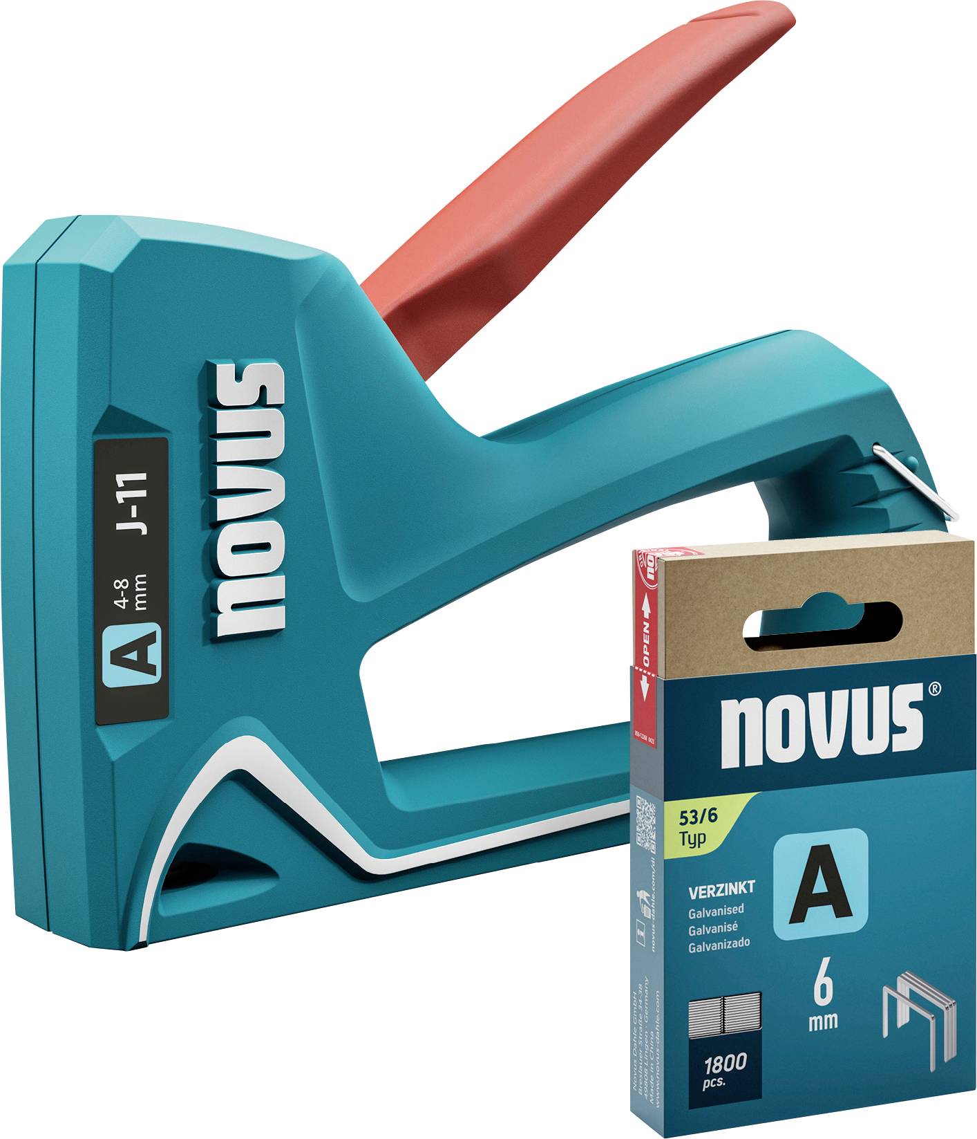 Turquoise-coloured stapler by Novus with a red handle, Model J-17, showing product packaging for 6-mm galvanised staples.