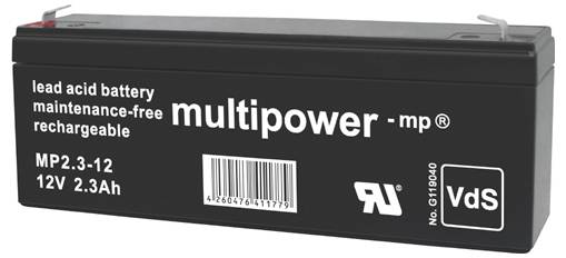 multipower MP2,3-12 301074 VRLA 12 V 2.3 Ah AGM (W x H x D) 178 x 66 x 34 mm 4.8 mm blade terminal Maintenance-free, Low