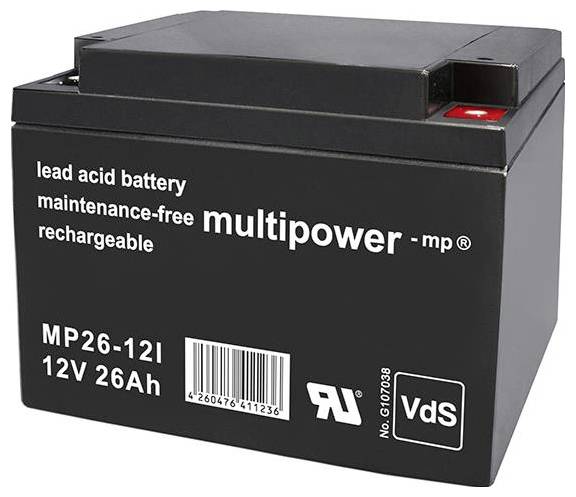 Lead-acid battery, maintenance-free, 12V 26Ah, Multipower brand, black colour with terminal clamps, suitable for rechargeable applications.