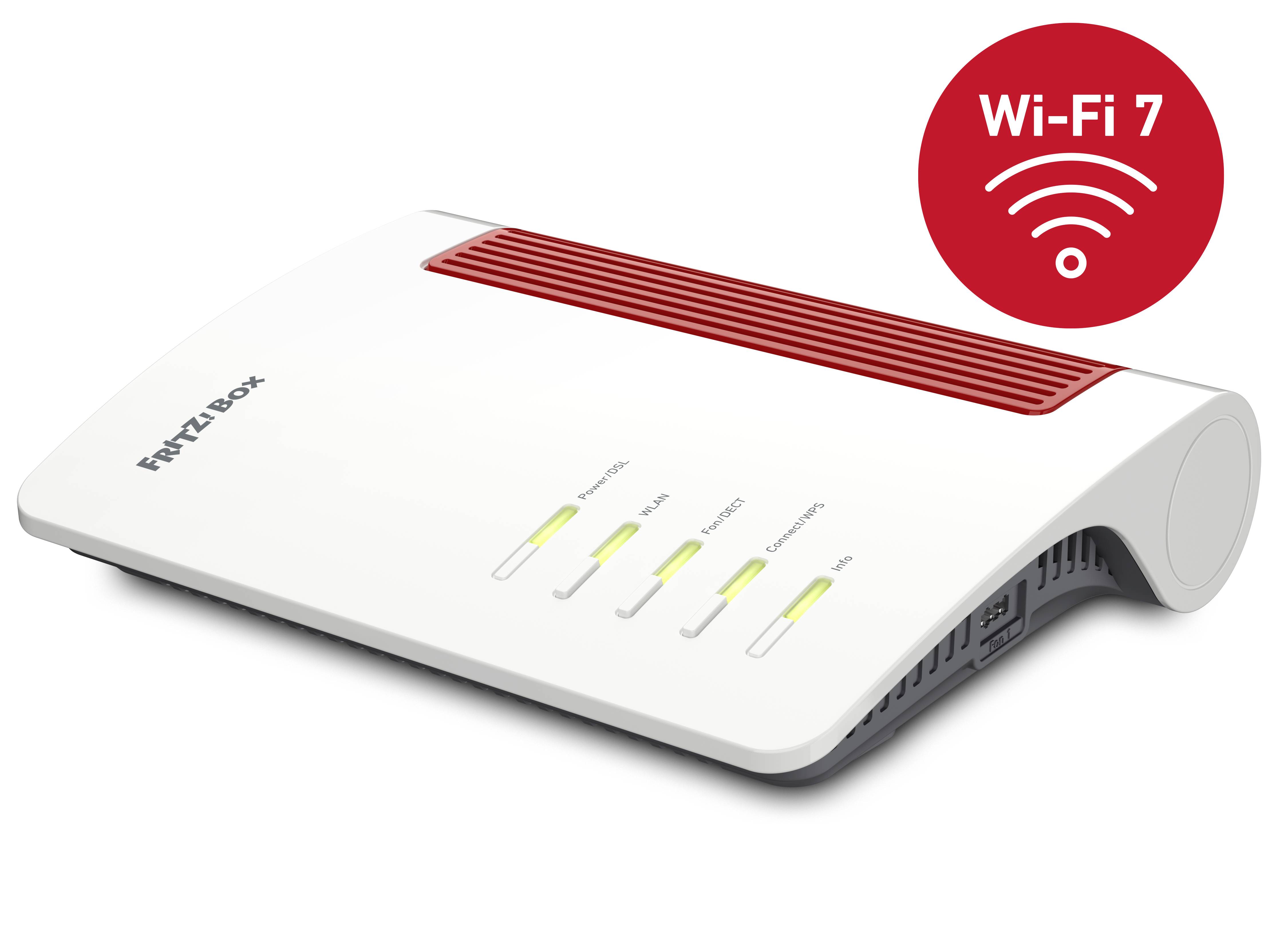 A Fritz!Box router, white with a red stripe, is illuminating yellow at the ports. A red icon on the right displays 'Wi-Fi 7'.