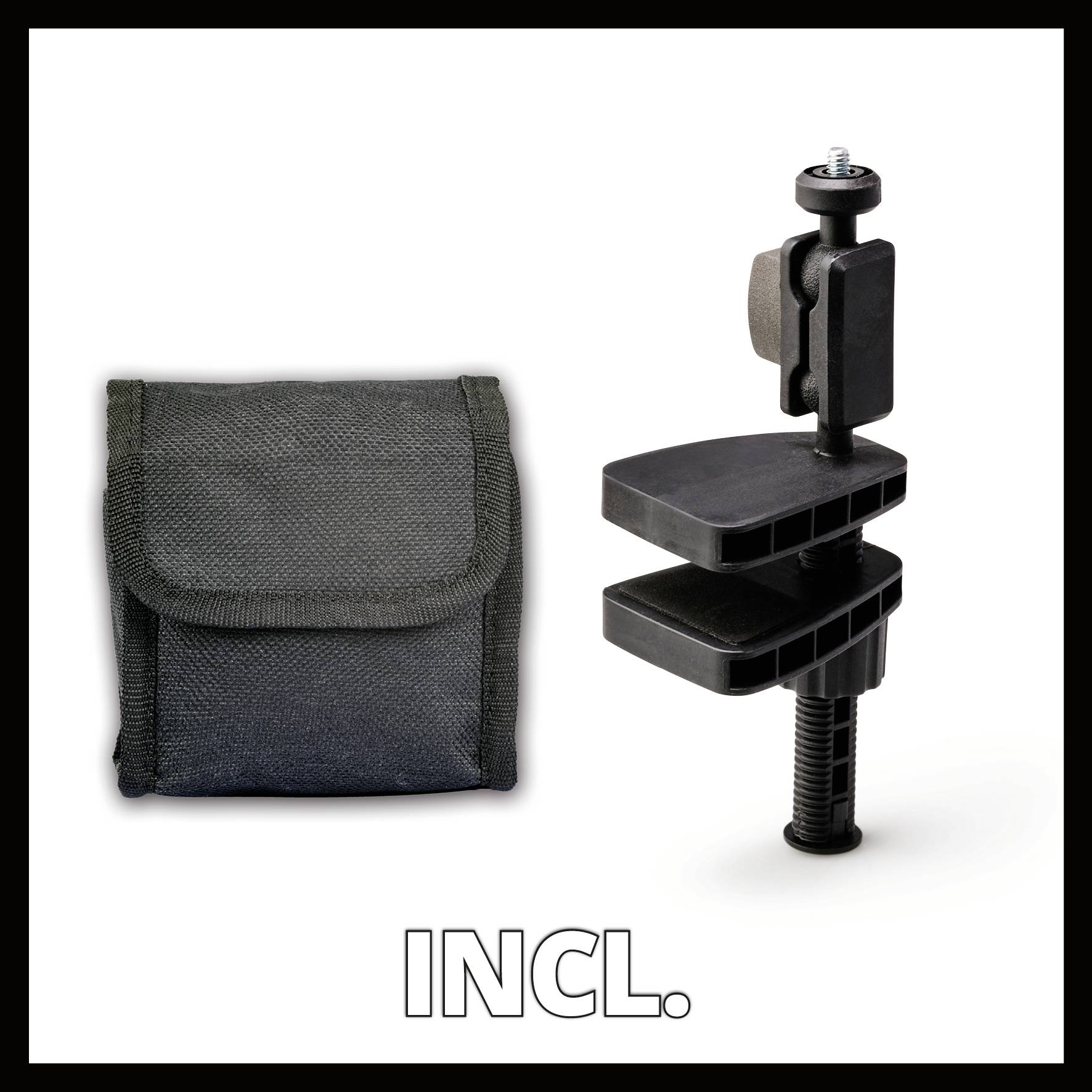 'Black C-clamp for tabletops' and 'black carry bag'; accessory parts included.