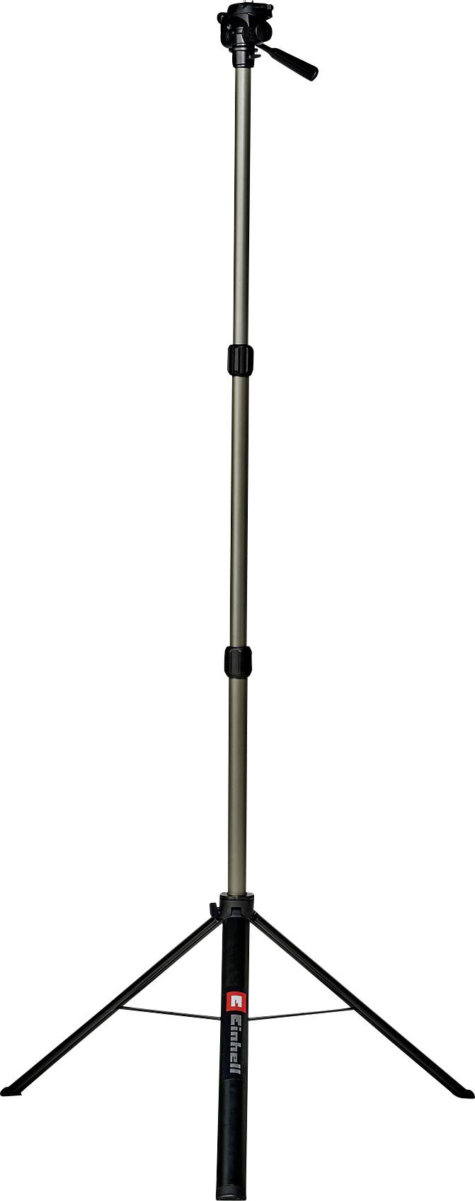 A tripod with adjustable height and a black three-legged base. It features a mount on top for camera equipment.