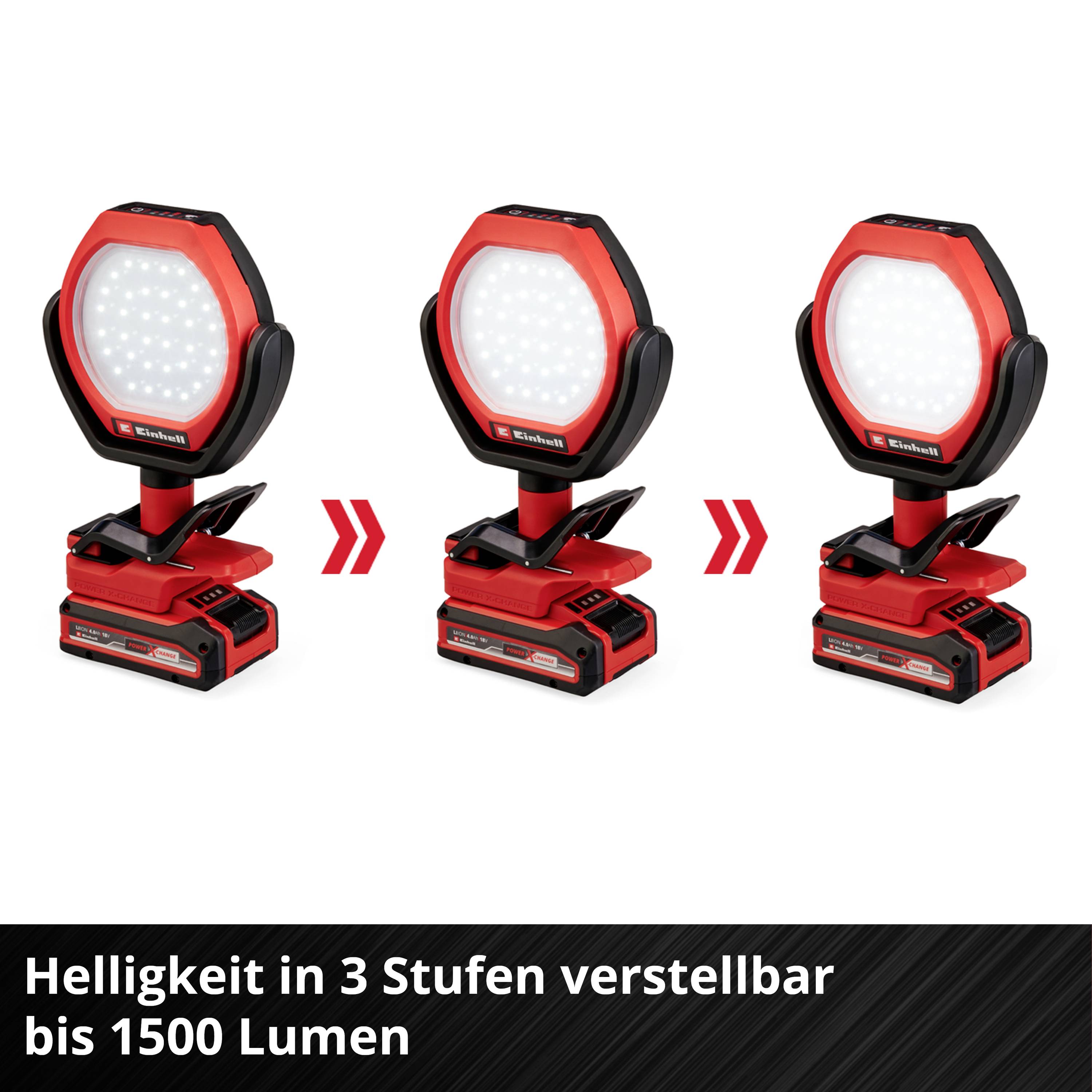 Three red LED lights, with brightness adjustable in 3 stages up to 1500 lumens, arranged side by side.