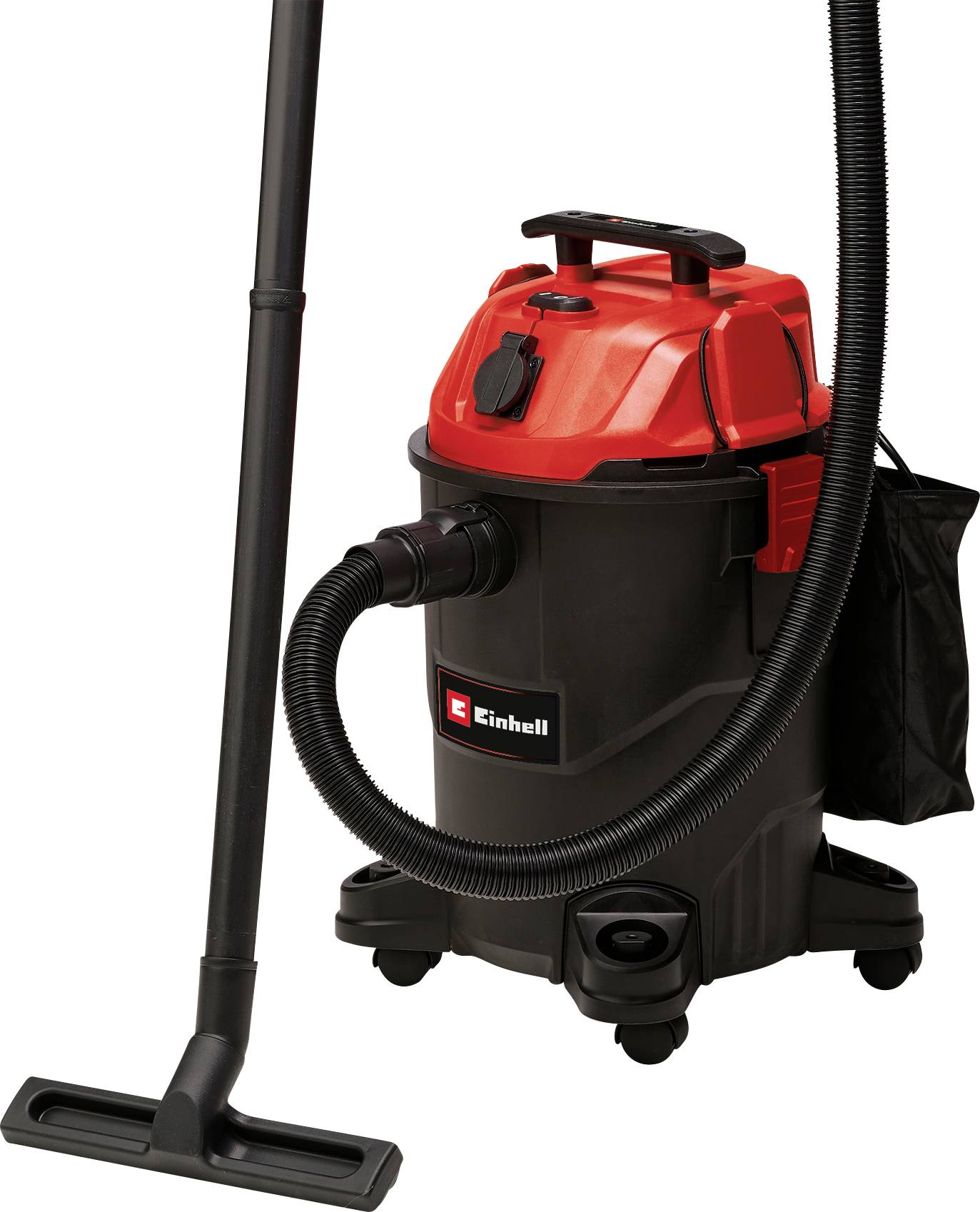 Industrial vacuum cleaner in black and red with suction hose, large container and wheels. Suitable for workshops or construction sites.